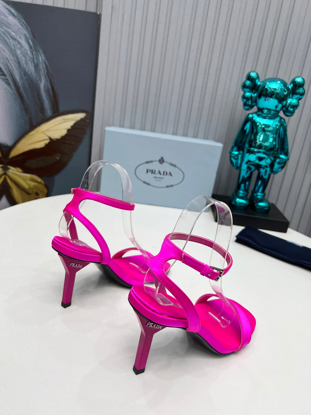 PRADA 26S ANKLE STRAP SANDALS STILETTO HEEL 80MM IN FUCHSIA PINK SATIN