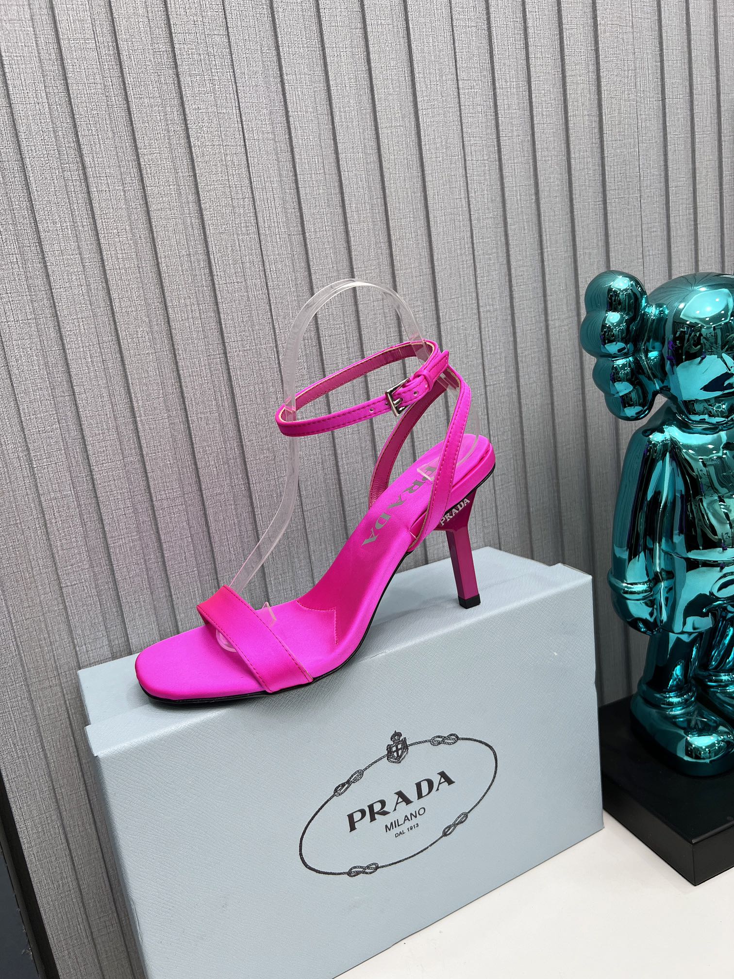 PRADA 26S ANKLE STRAP SANDALS STILETTO HEEL 80MM IN FUCHSIA PINK SATIN