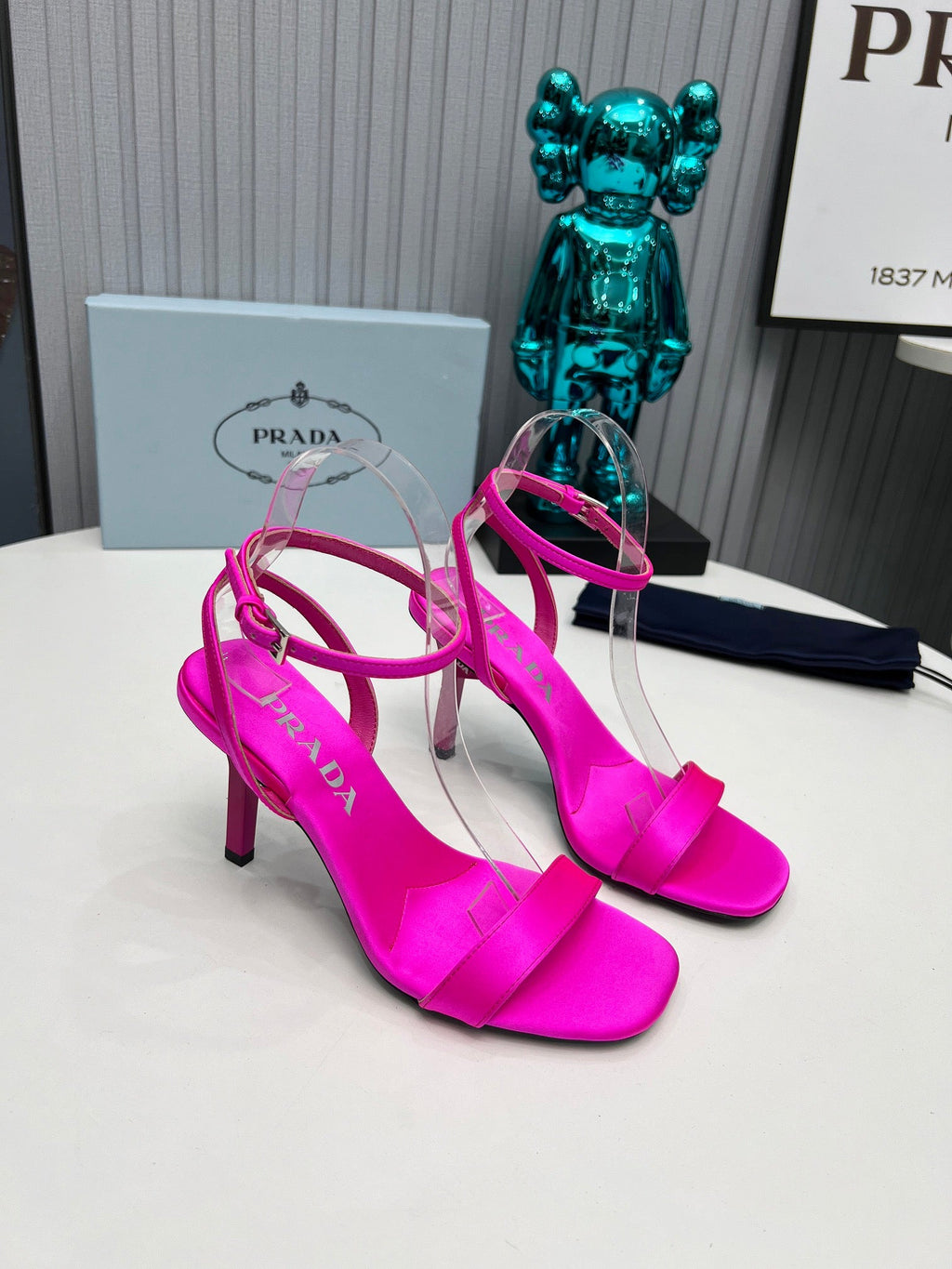 PRADA 26S ANKLE STRAP SANDALS STILETTO HEEL 80MM IN FUCHSIA PINK SATIN