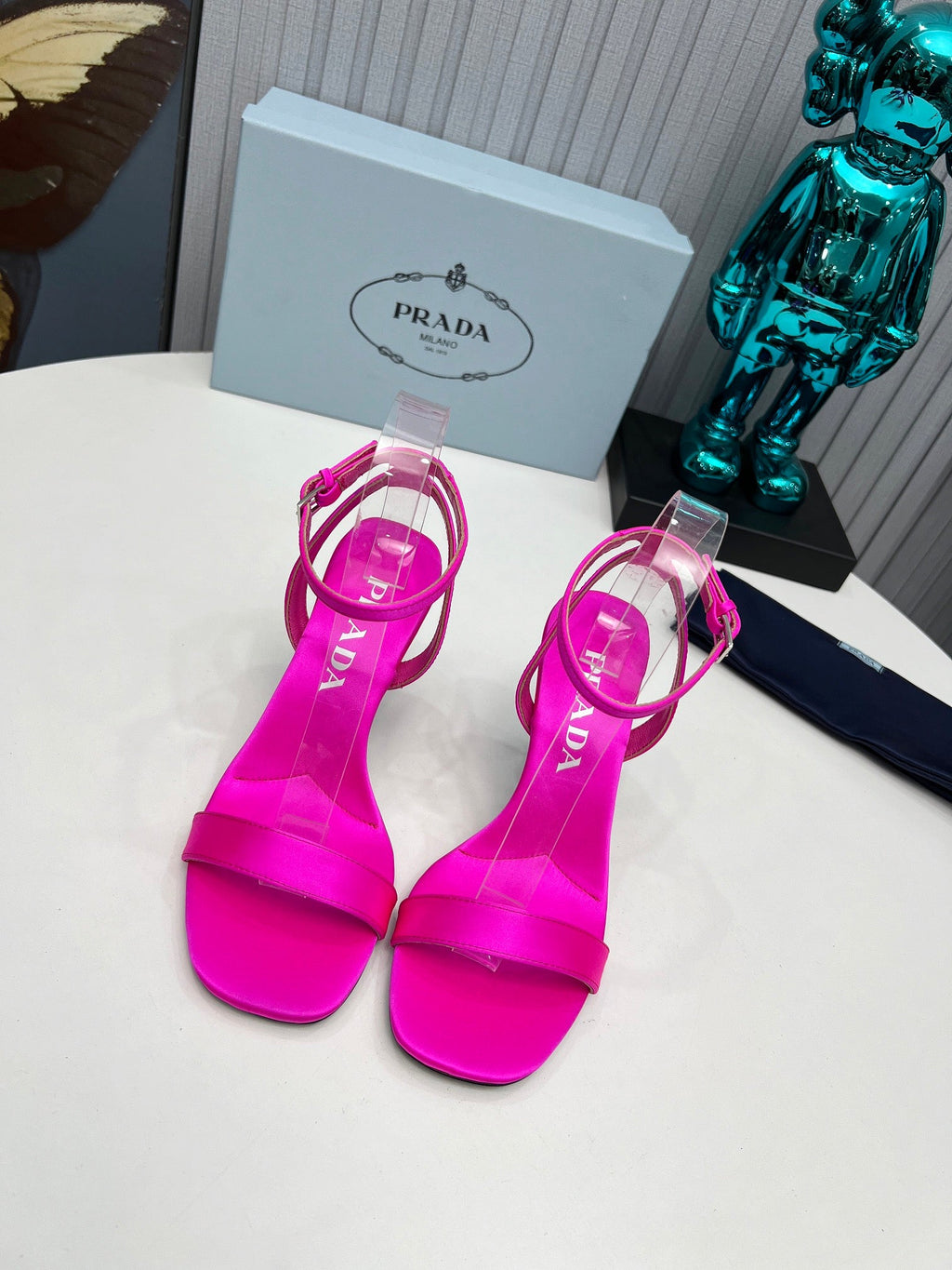 PRADA 26S ANKLE STRAP SANDALS STILETTO HEEL 80MM IN FUCHSIA PINK SATIN