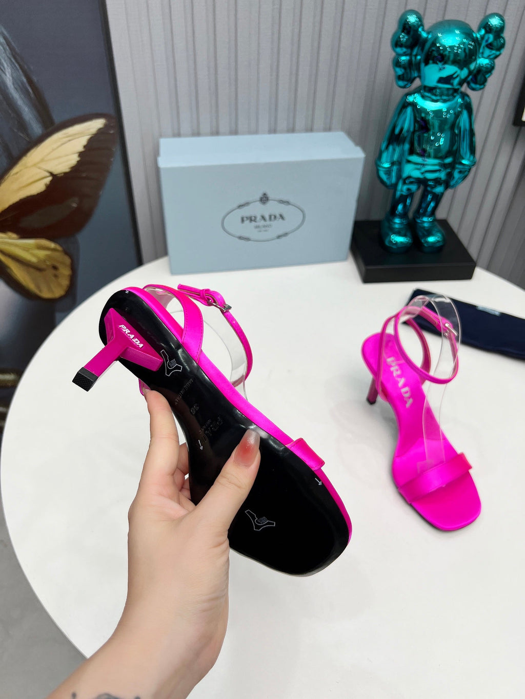 PRADA 26S ANKLE STRAP SANDALS STILETTO HEEL 80MM IN FUCHSIA PINK SATIN