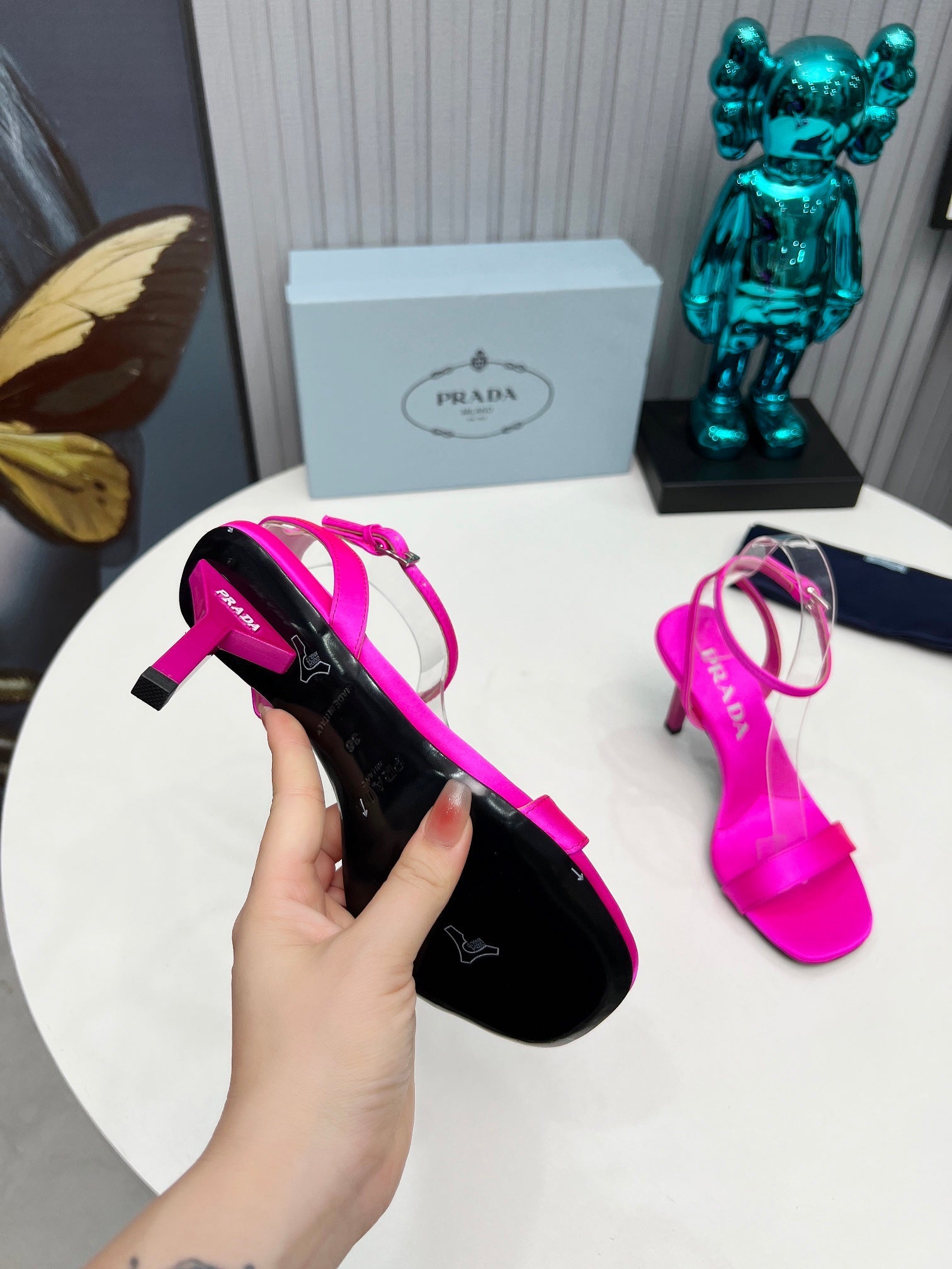 PRADA 26S ANKLE STRAP SANDALS STILETTO HEEL 80MM IN FUCHSIA PINK SATIN