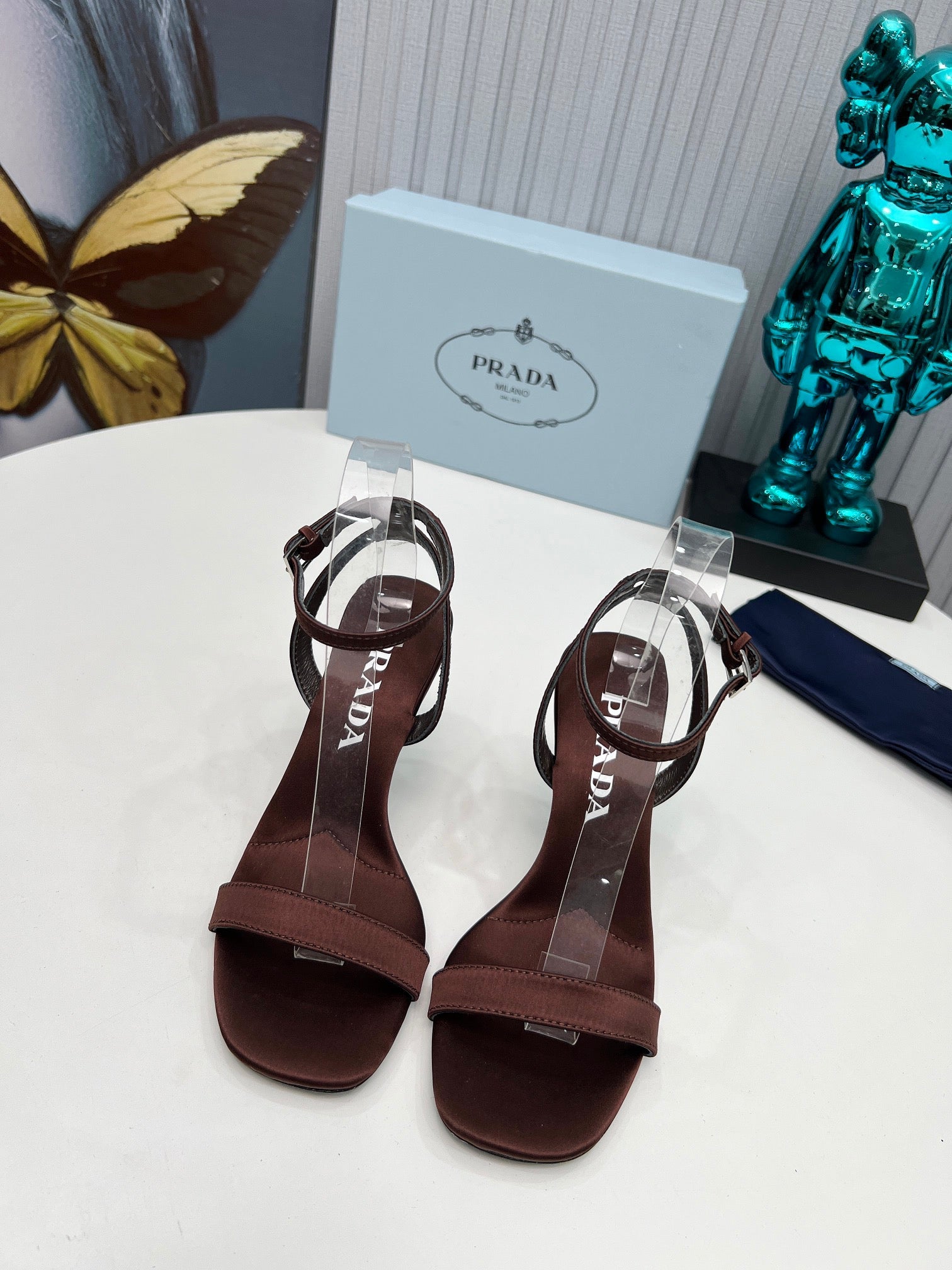 PRADA 26S ANKLE STRAP SANDALS STILETTO HEEL 80MM IN DARK BROWN SATIN