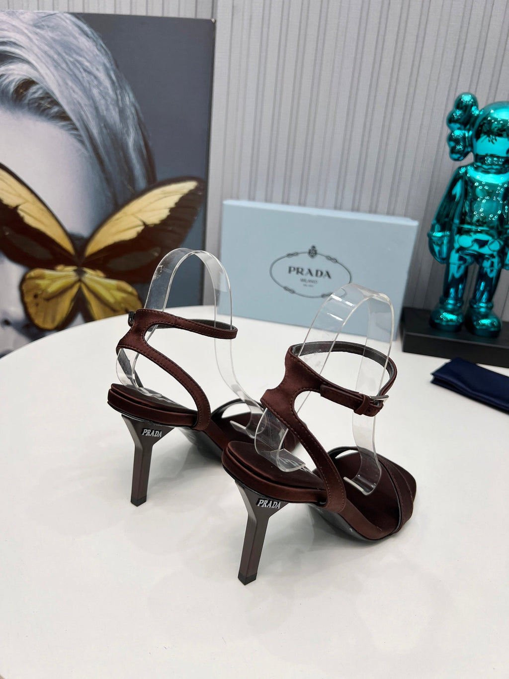 PRADA 26S ANKLE STRAP SANDALS STILETTO HEEL 80MM IN DARK BROWN SATIN
