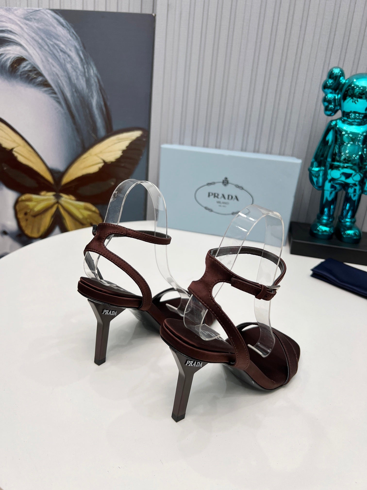 PRADA 26S ANKLE STRAP SANDALS STILETTO HEEL 80MM IN DARK BROWN SATIN
