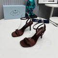 PRADA 26S ANKLE STRAP SANDALS STILETTO HEEL 80MM IN DARK BROWN SATIN