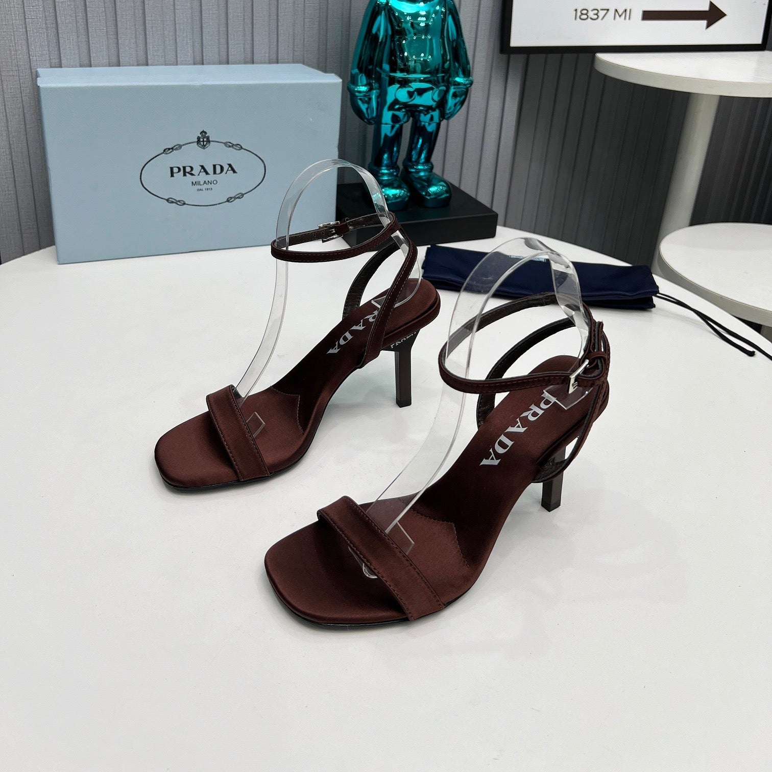 PRADA 26S ANKLE STRAP SANDALS STILETTO HEEL 80MM IN DARK BROWN SATIN