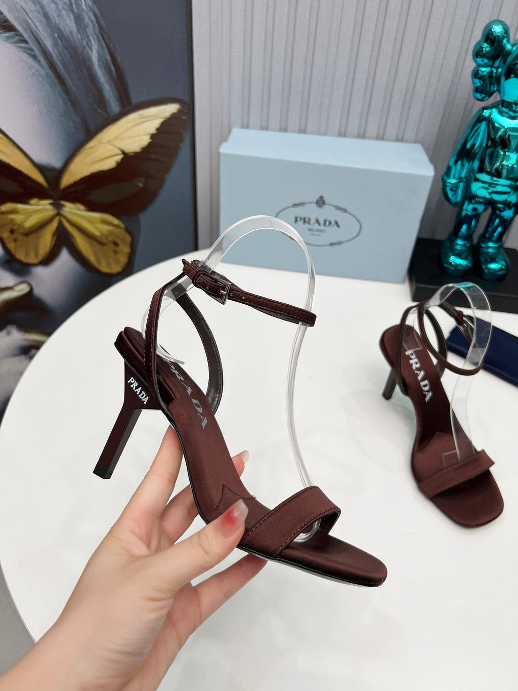 PRADA 26S ANKLE STRAP SANDALS STILETTO HEEL 80MM IN DARK BROWN SATIN