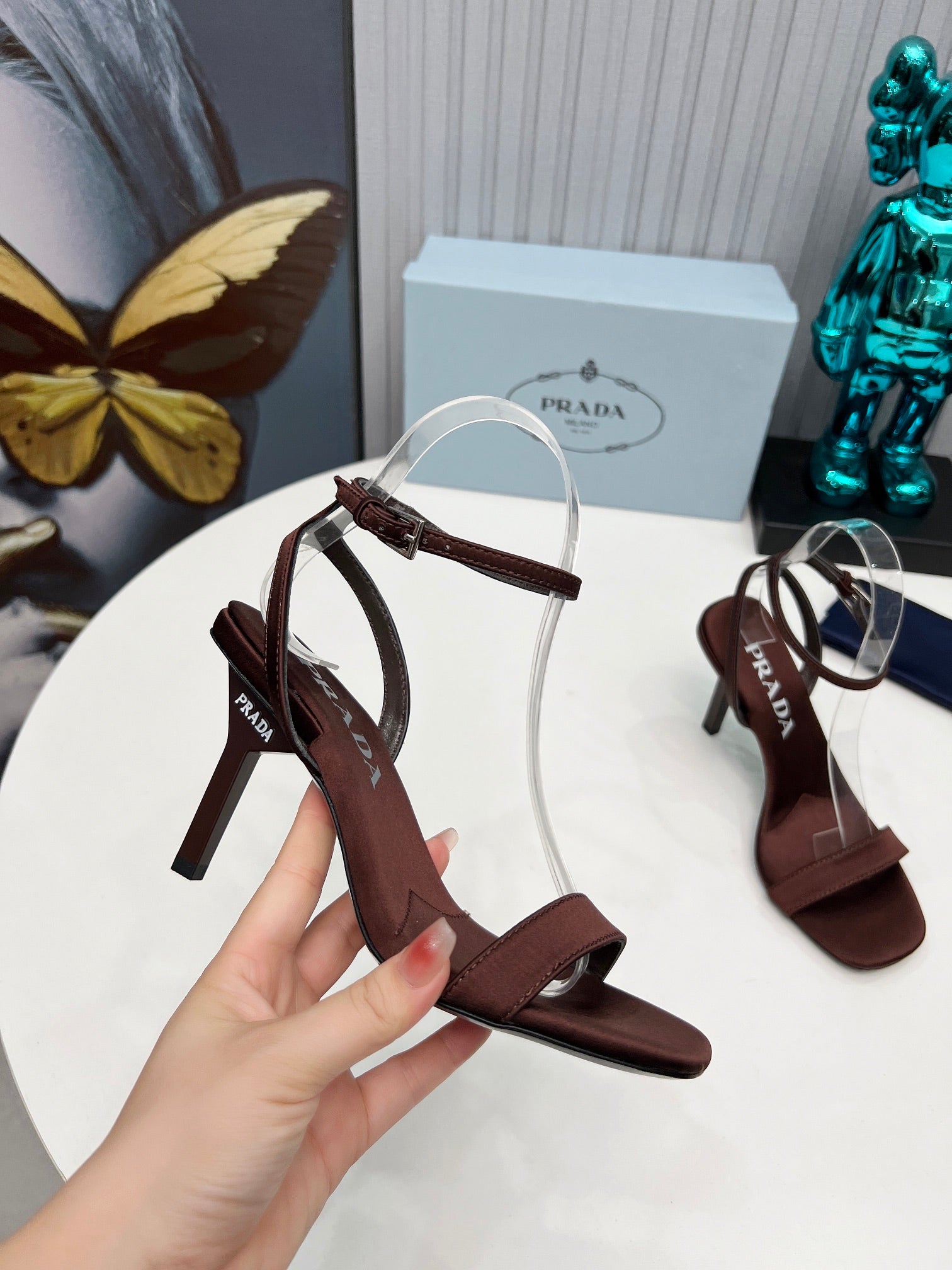 PRADA 26S ANKLE STRAP SANDALS STILETTO HEEL 80MM IN DARK BROWN SATIN