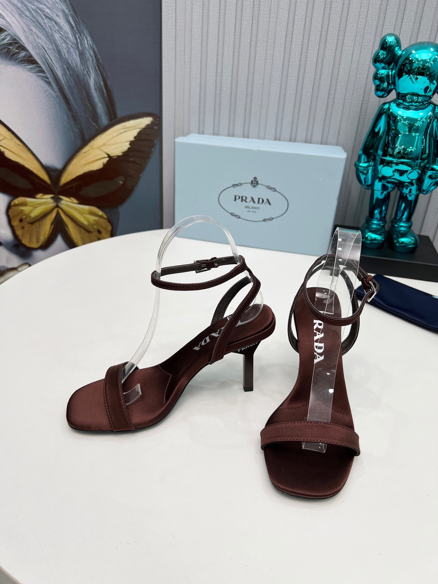 PRADA 26S ANKLE STRAP SANDALS STILETTO HEEL 80MM IN DARK BROWN SATIN