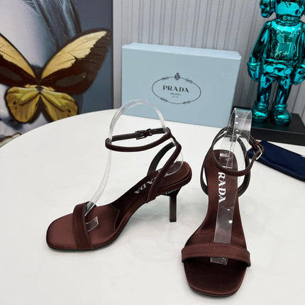 PRADA 26S ANKLE STRAP SANDALS STILETTO HEEL 80MM IN DARK BROWN SATIN