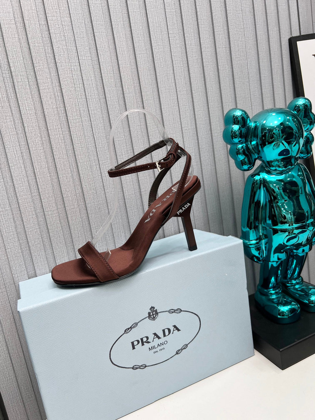 PRADA 26S ANKLE STRAP SANDALS STILETTO HEEL 80MM IN DARK BROWN SATIN
