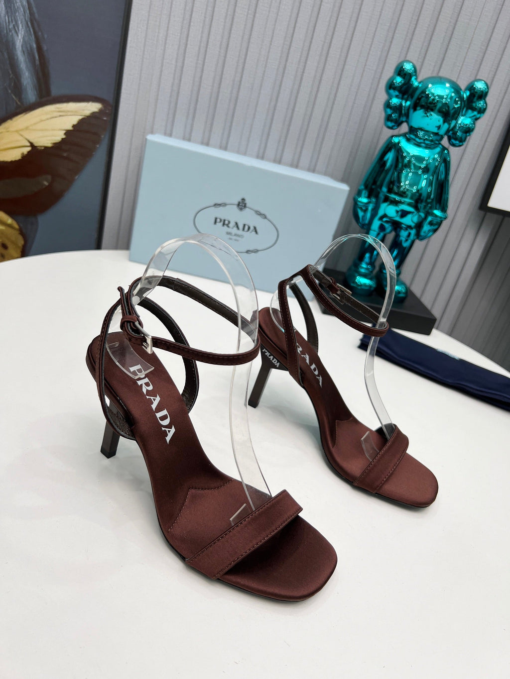 PRADA 26S ANKLE STRAP SANDALS STILETTO HEEL 80MM IN DARK BROWN SATIN