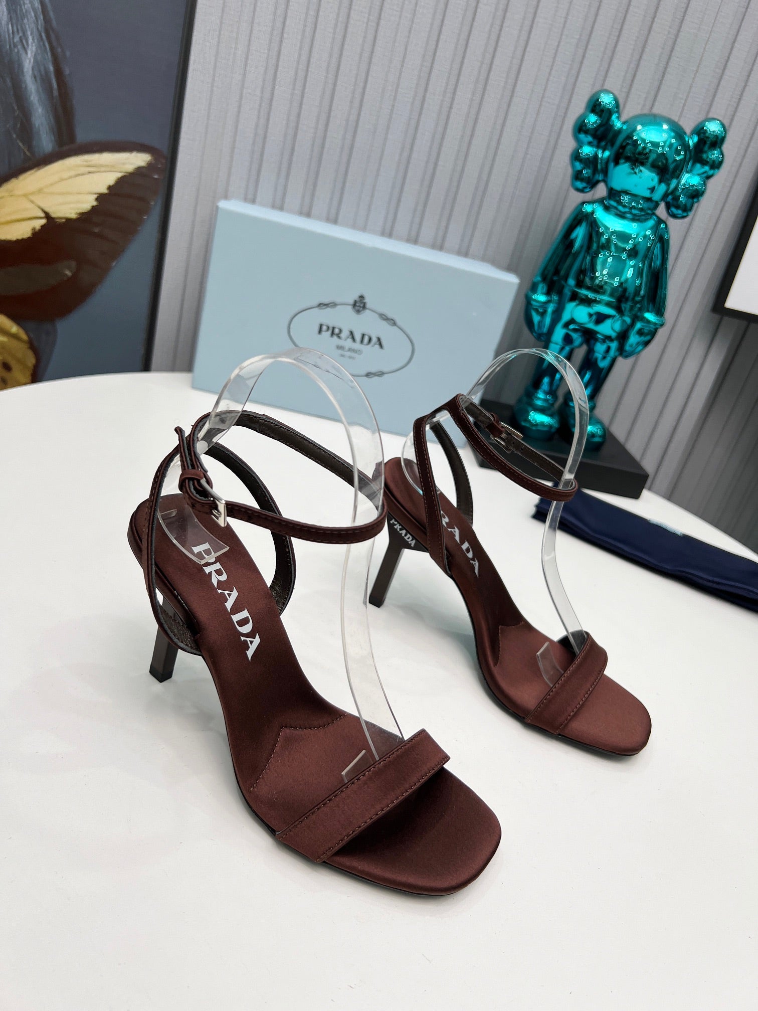 PRADA 26S ANKLE STRAP SANDALS STILETTO HEEL 80MM IN DARK BROWN SATIN