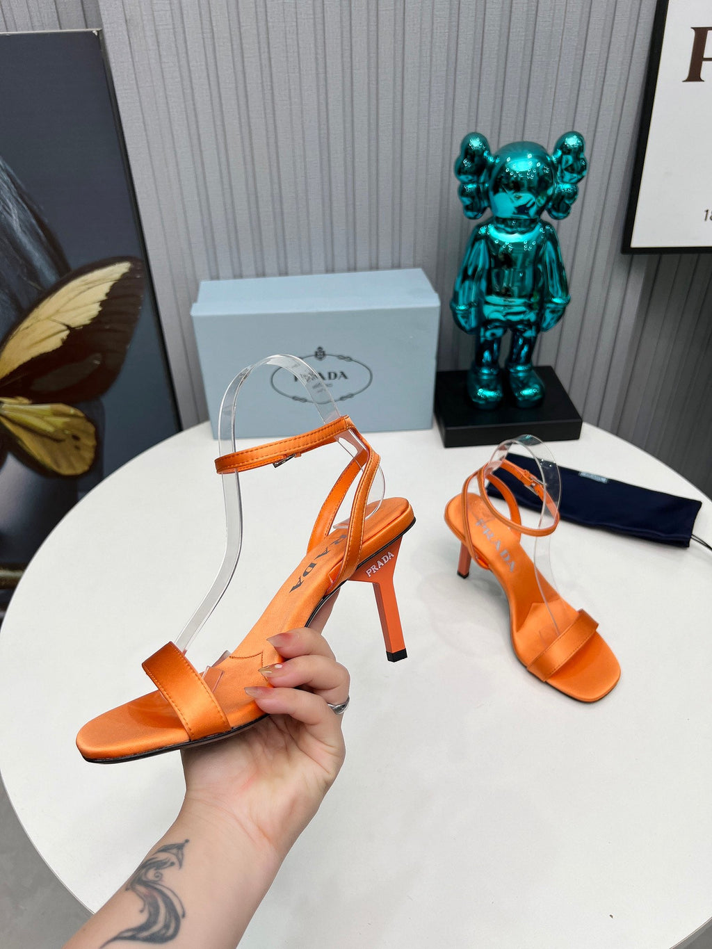 PRADA 26S ANKLE STRAP SANDALS STILETTO HEEL 80MM IN ORANGE SATIN