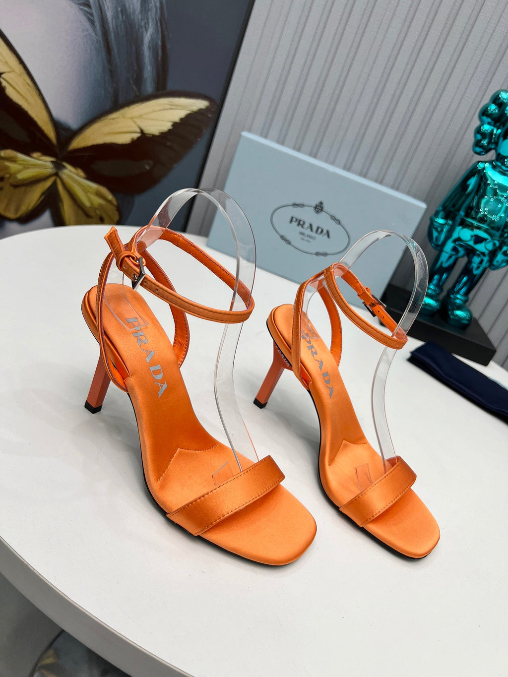 PRADA 26S ANKLE STRAP SANDALS STILETTO HEEL 80MM IN ORANGE SATIN