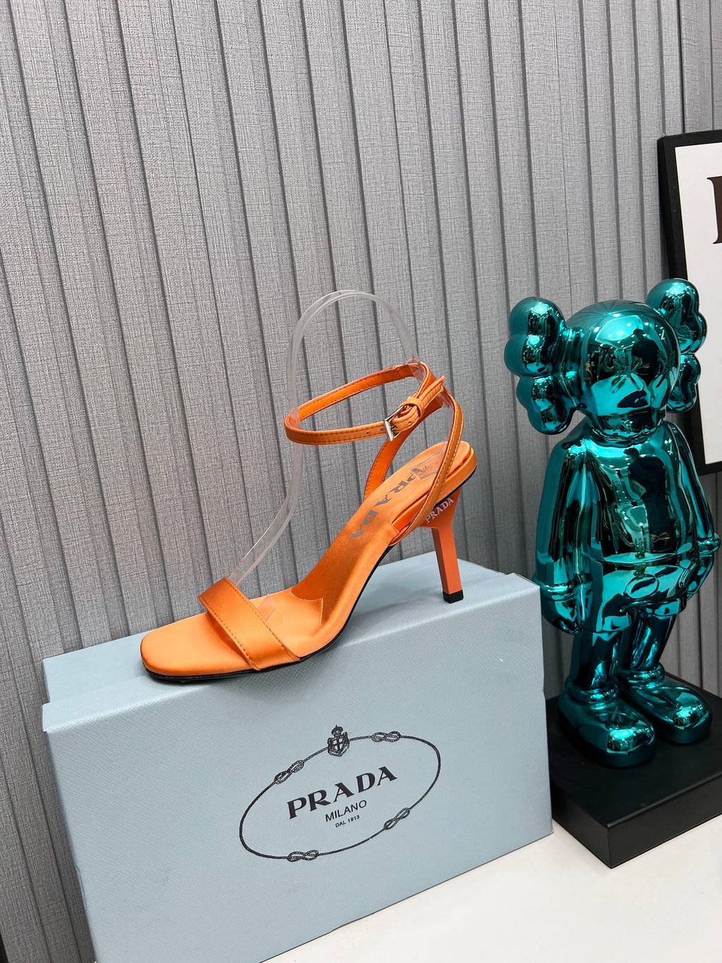 PRADA 26S ANKLE STRAP SANDALS STILETTO HEEL 80MM IN ORANGE SATIN