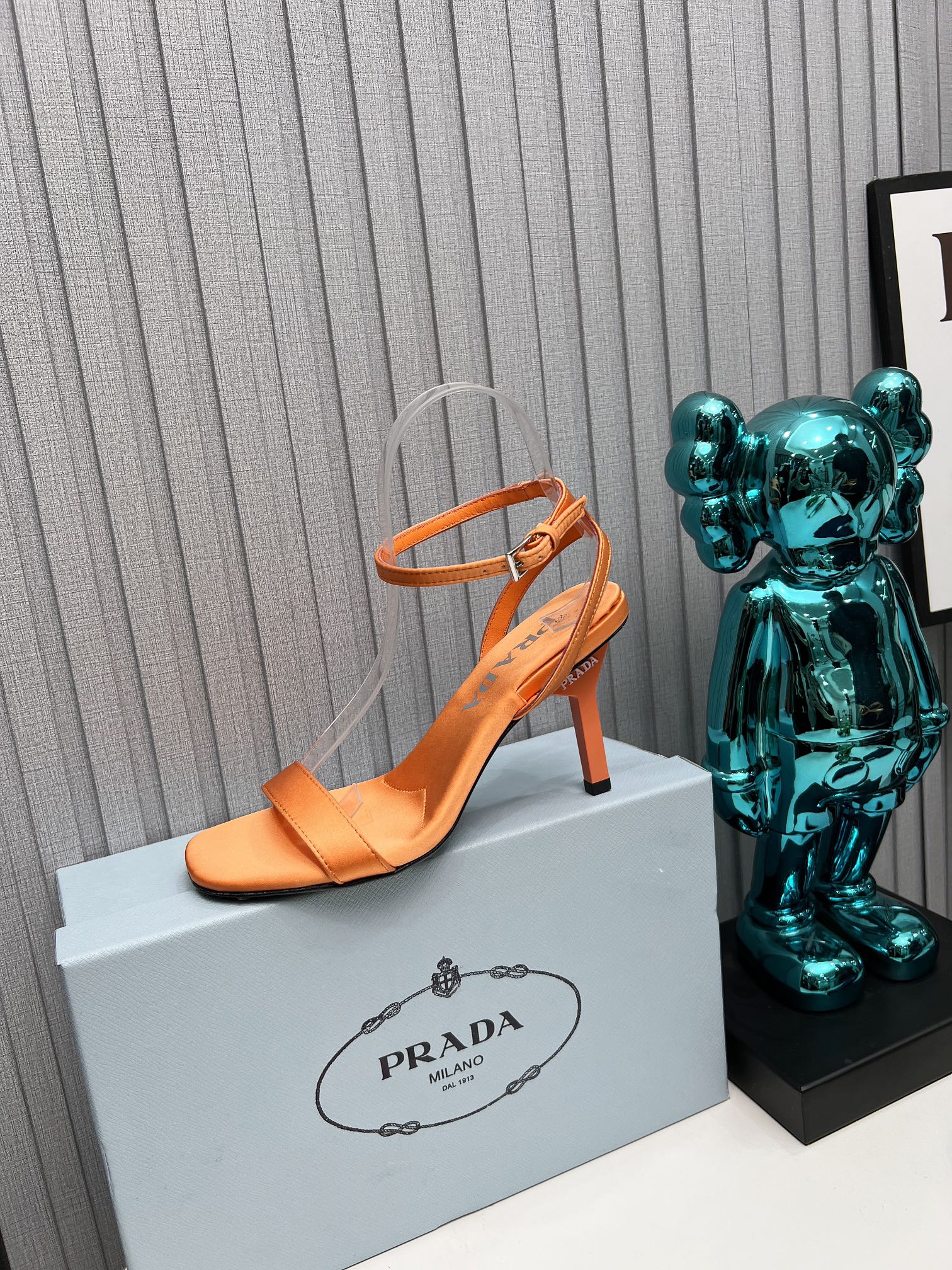 PRADA 26S ANKLE STRAP SANDALS STILETTO HEEL 80MM IN ORANGE SATIN