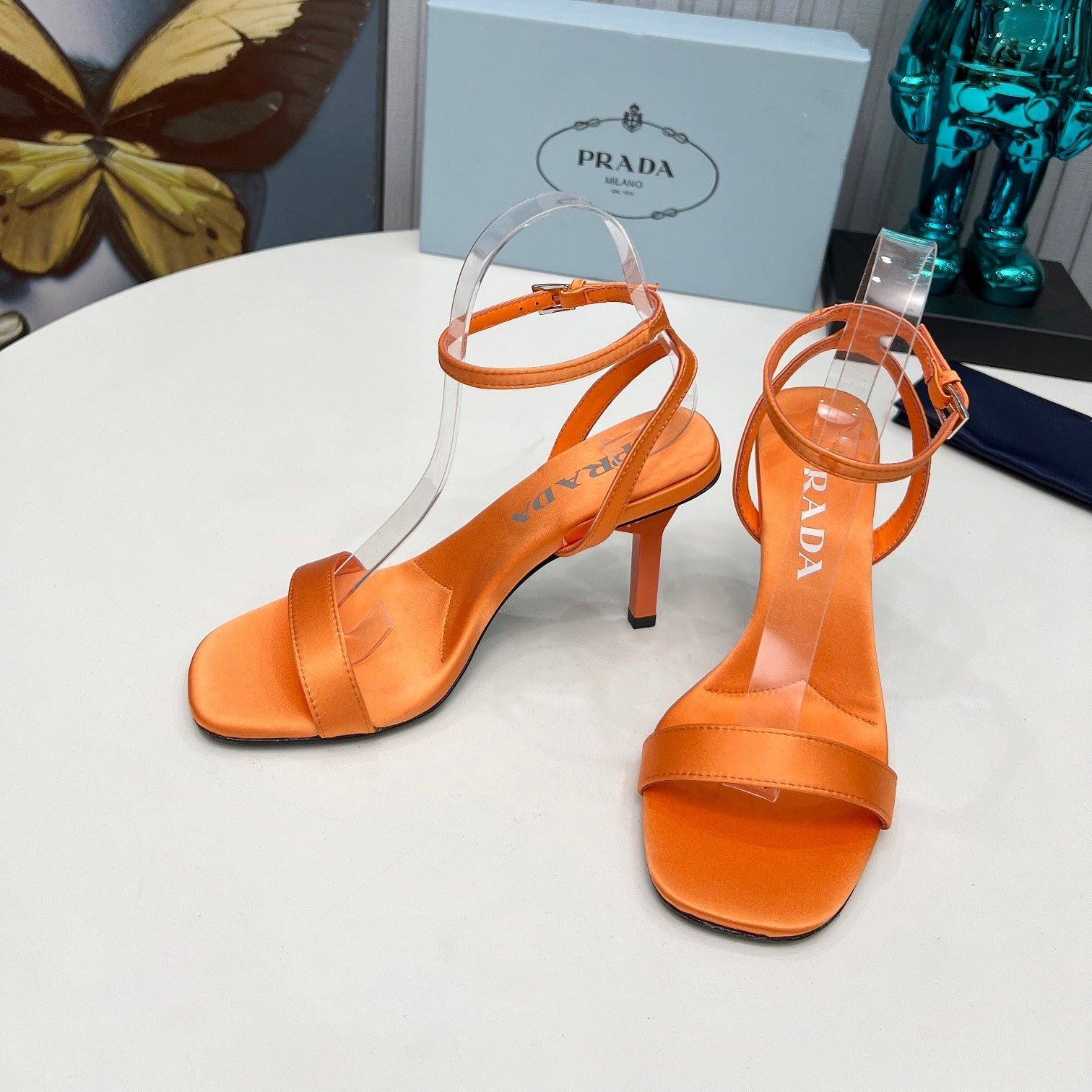 PRADA 26S ANKLE STRAP SANDALS STILETTO HEEL 80MM IN ORANGE SATIN