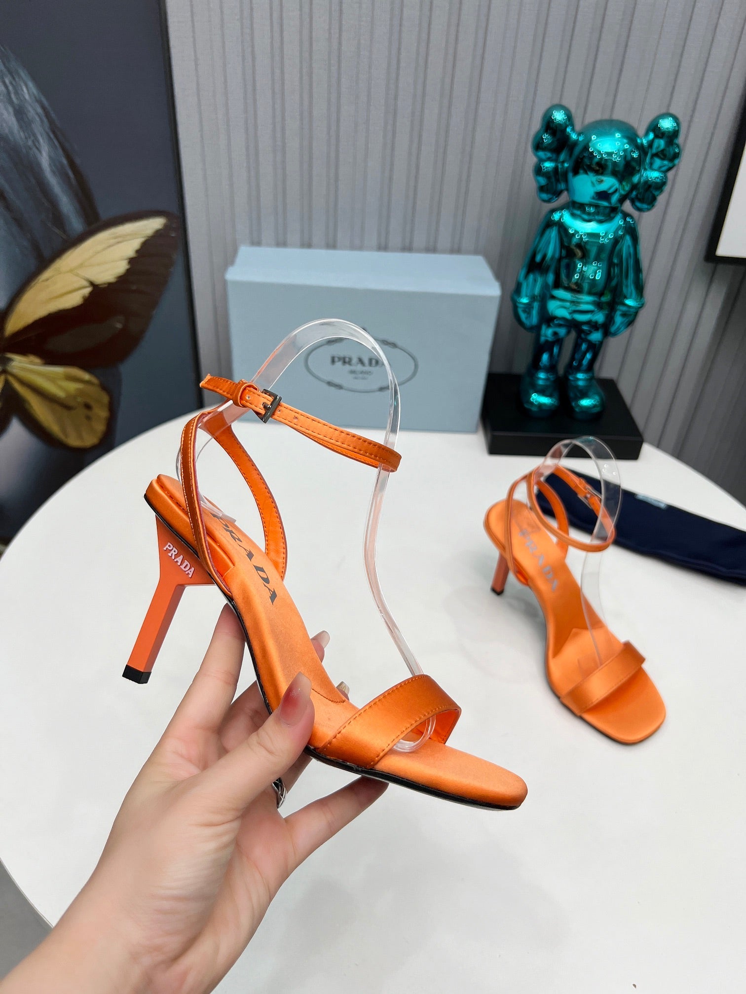 PRADA 26S ANKLE STRAP SANDALS STILETTO HEEL 80MM IN ORANGE SATIN
