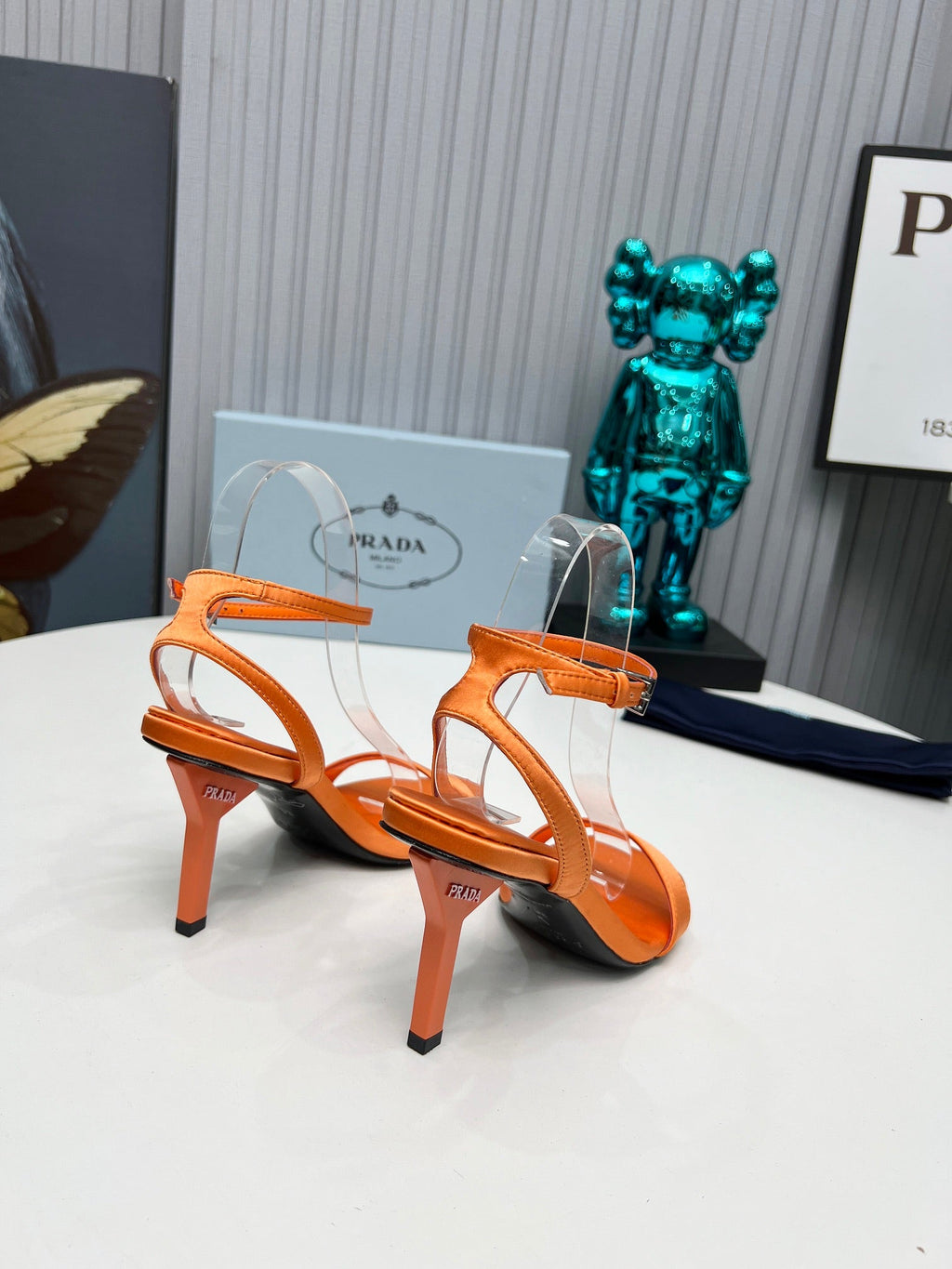 PRADA 26S ANKLE STRAP SANDALS STILETTO HEEL 80MM IN ORANGE SATIN