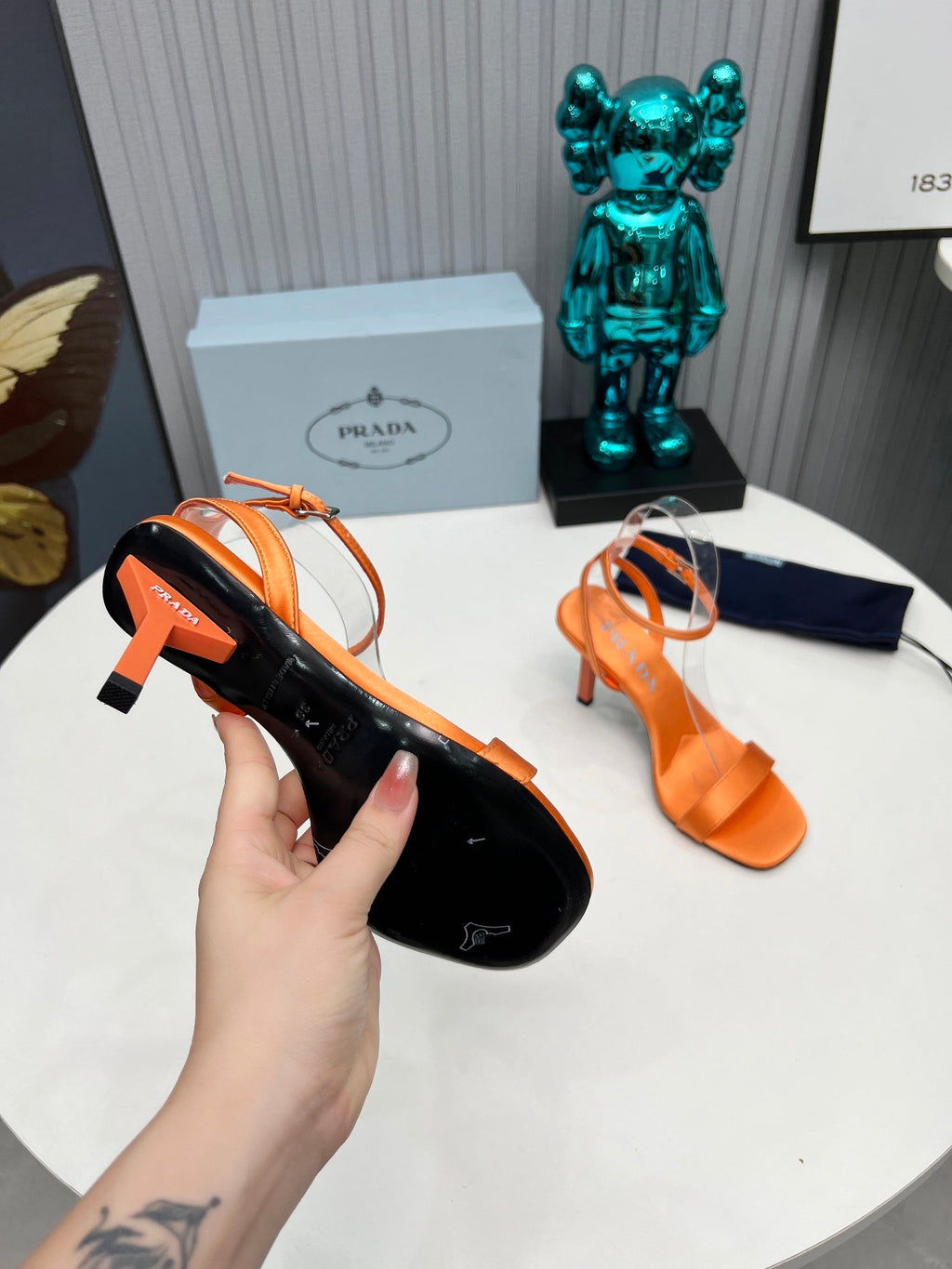 PRADA 26S ANKLE STRAP SANDALS STILETTO HEEL 80MM IN ORANGE SATIN