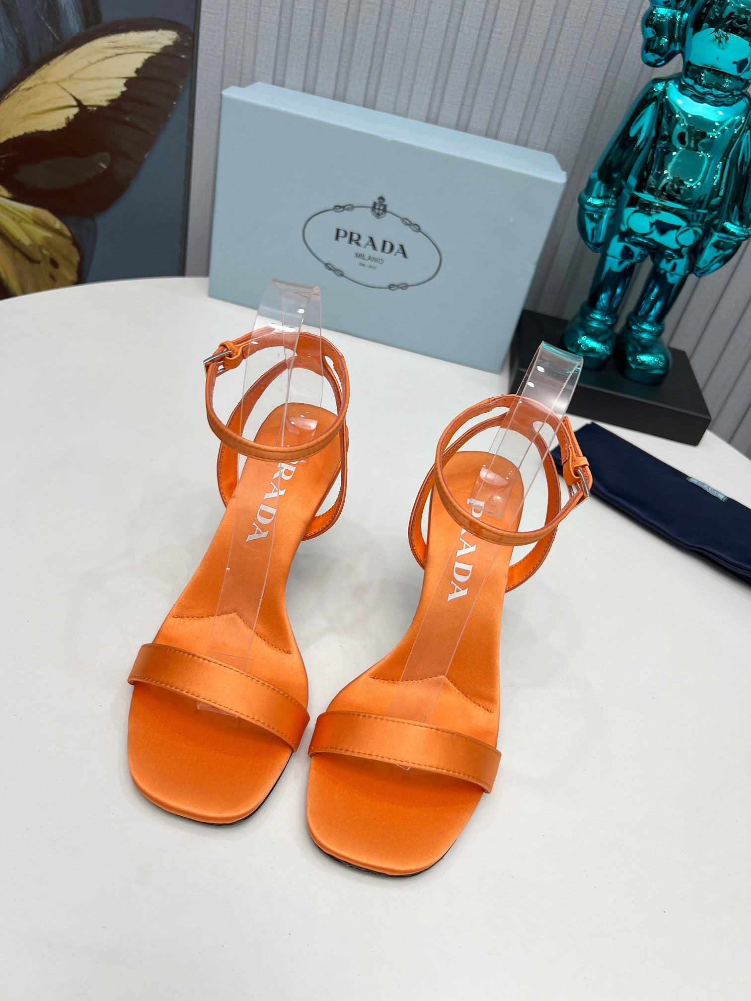 PRADA 26S ANKLE STRAP SANDALS STILETTO HEEL 80MM IN ORANGE SATIN