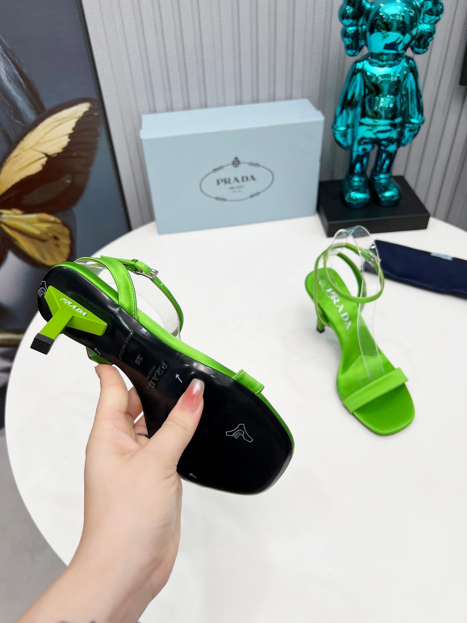 PRADA 26S ANKLE STRAP SANDALS STILETTO HEEL 80MM IN LIME GREEN SATIN