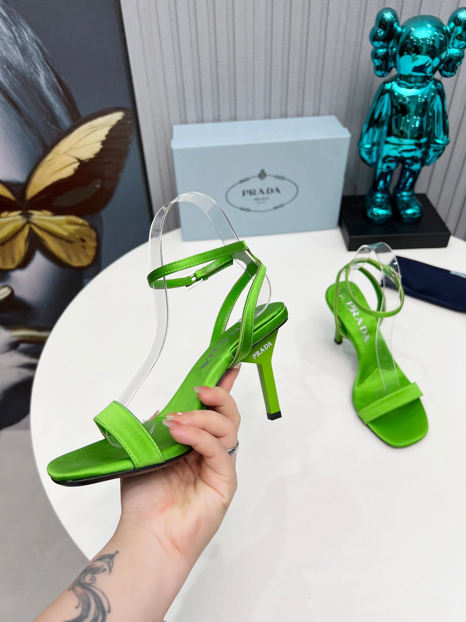 PRADA 26S ANKLE STRAP SANDALS STILETTO HEEL 80MM IN LIME GREEN SATIN