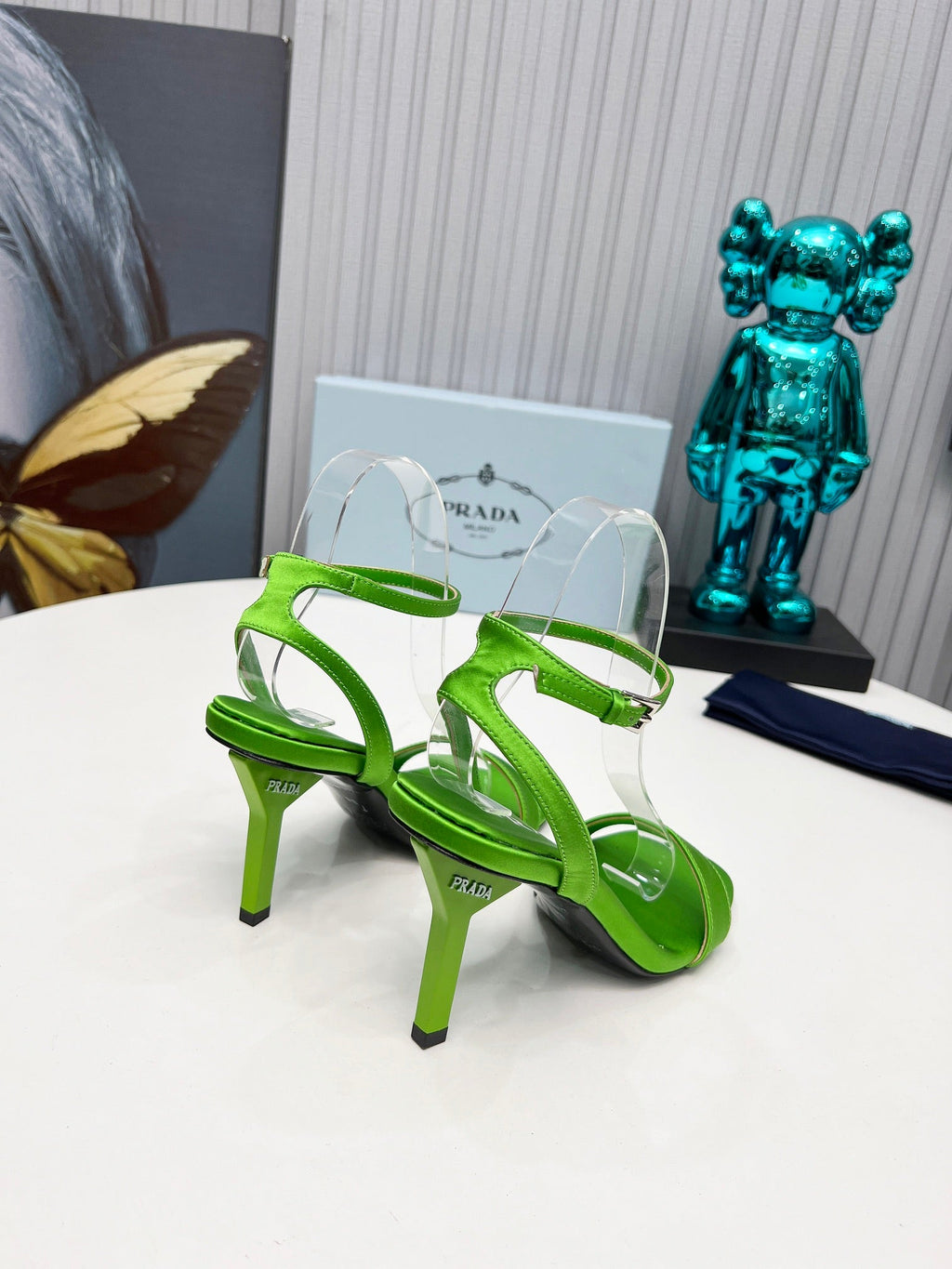 PRADA 26S ANKLE STRAP SANDALS STILETTO HEEL 80MM IN LIME GREEN SATIN