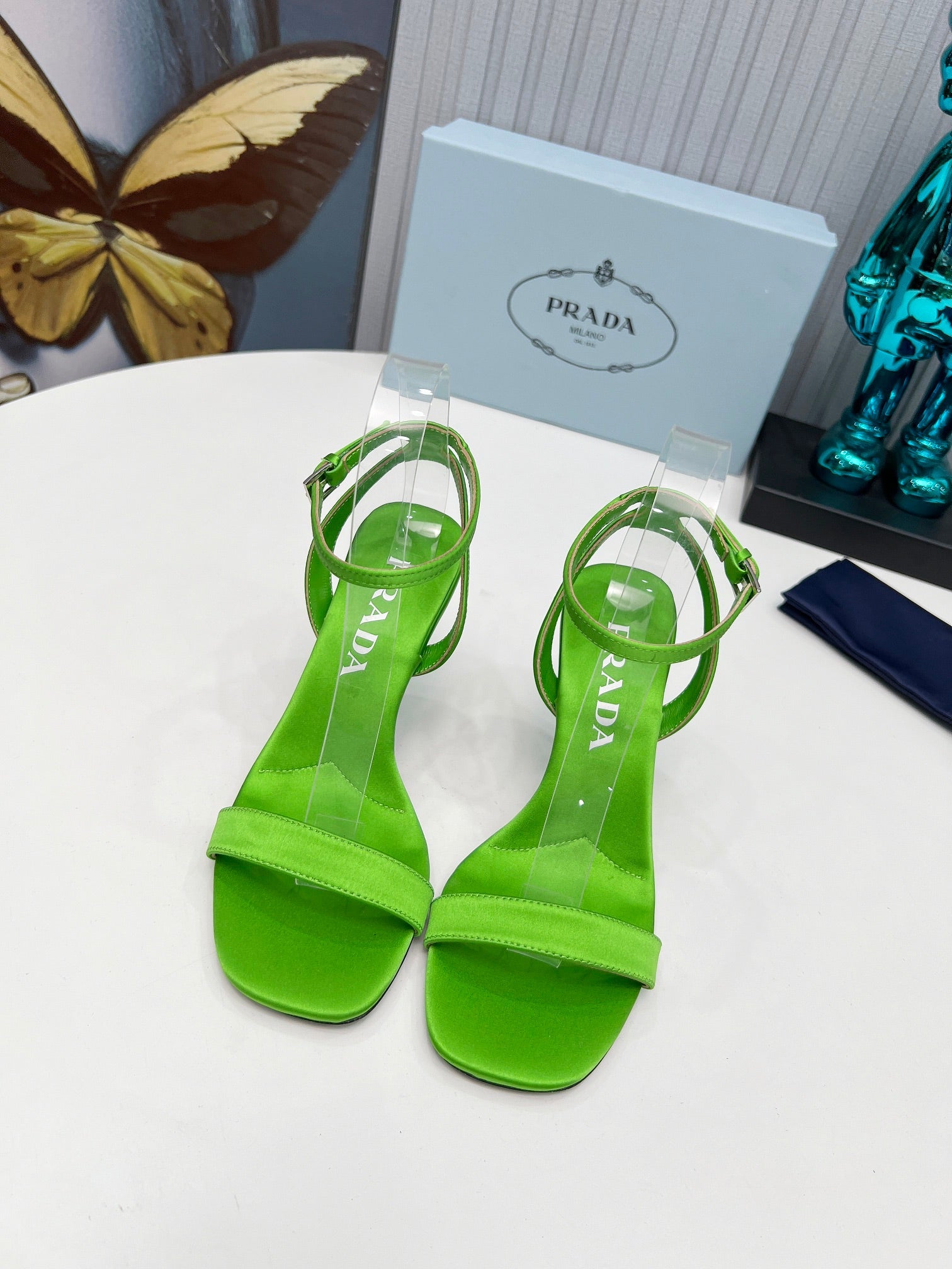 PRADA 26S ANKLE STRAP SANDALS STILETTO HEEL 80MM IN LIME GREEN SATIN
