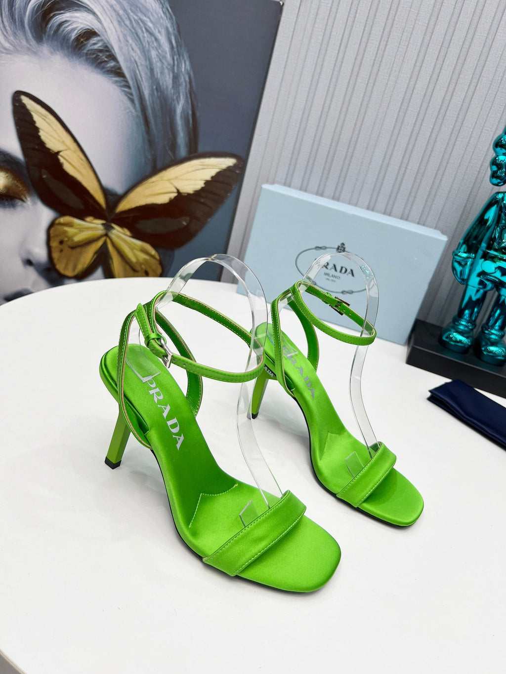 PRADA 26S ANKLE STRAP SANDALS STILETTO HEEL 80MM IN LIME GREEN SATIN