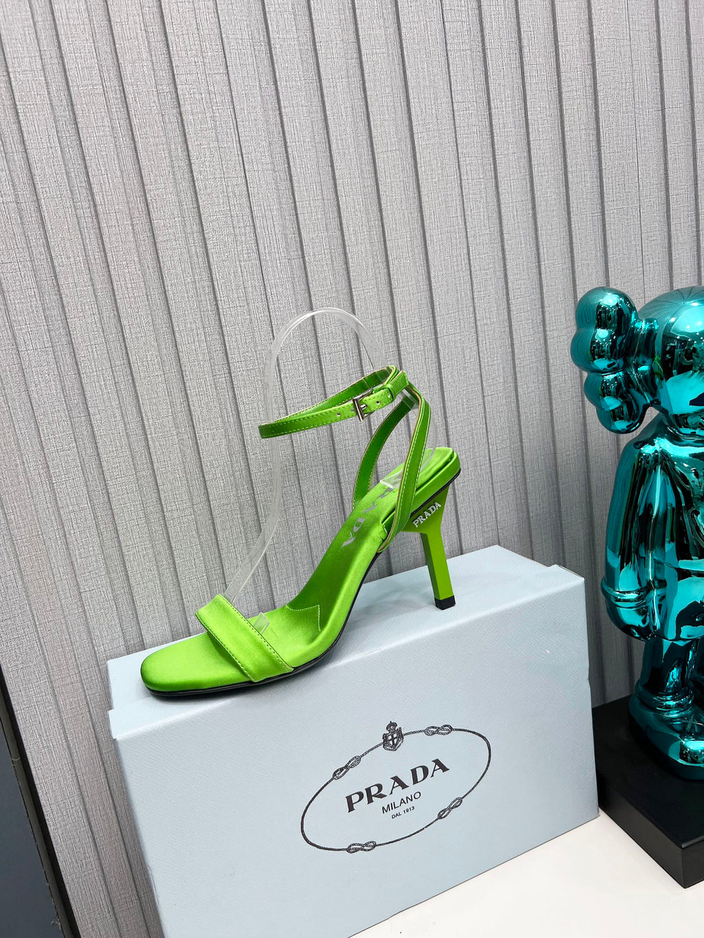 PRADA 26S ANKLE STRAP SANDALS STILETTO HEEL 80MM IN LIME GREEN SATIN