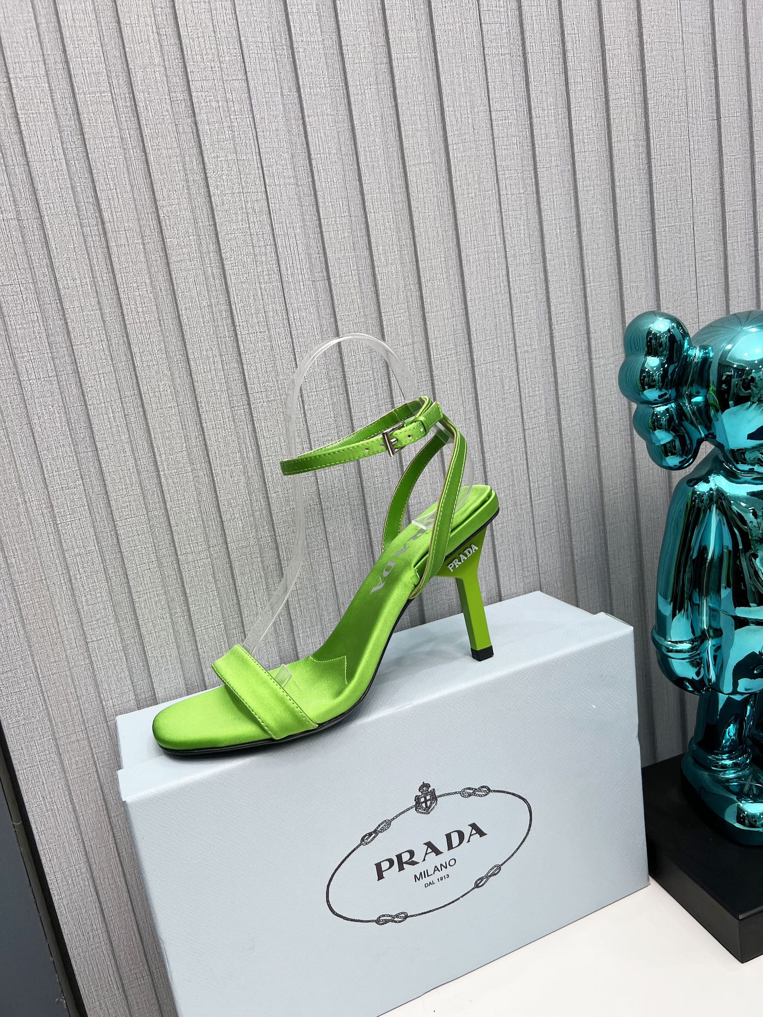 PRADA 26S ANKLE STRAP SANDALS STILETTO HEEL 80MM IN LIME GREEN SATIN