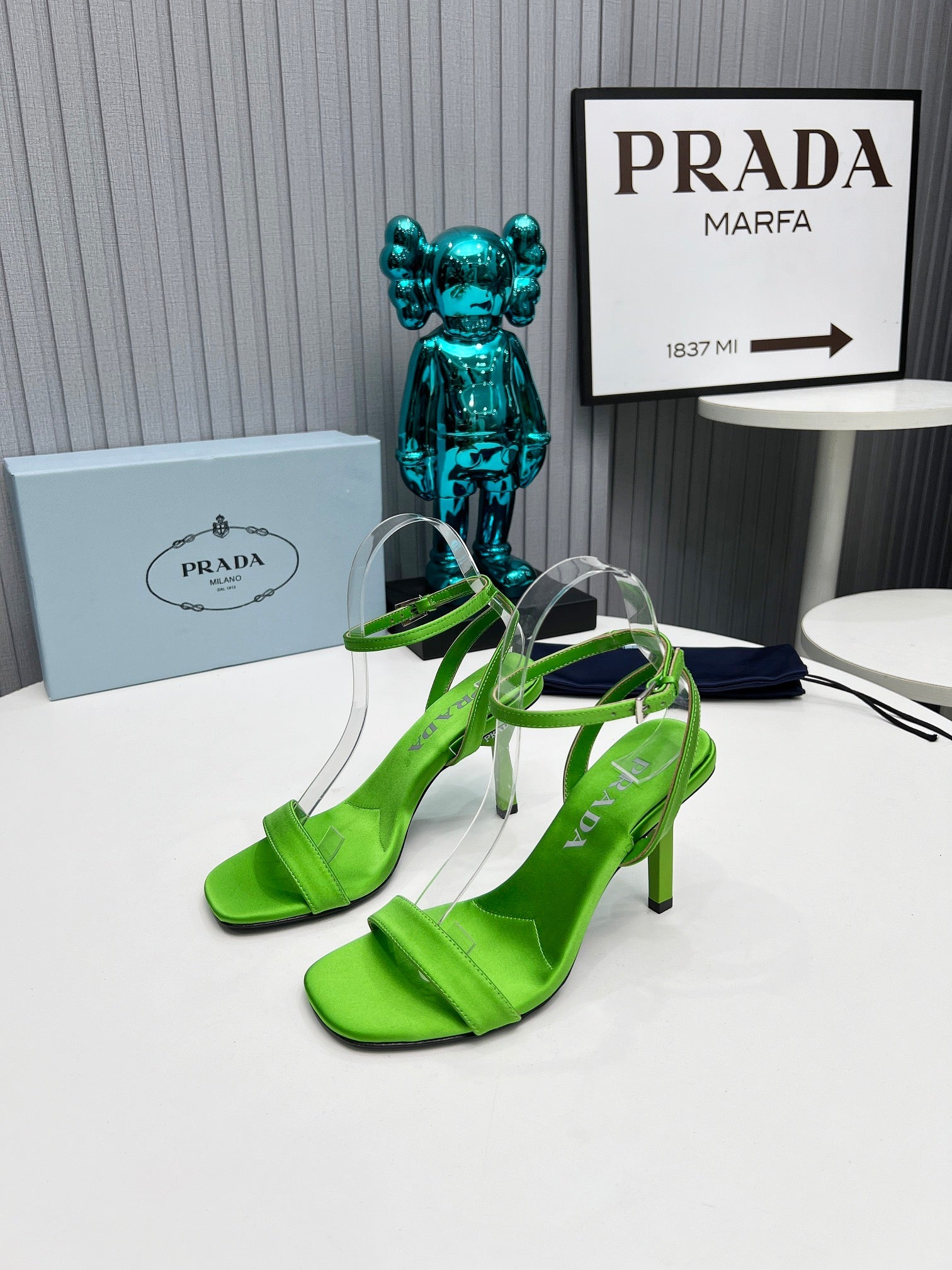 PRADA 26S ANKLE STRAP SANDALS STILETTO HEEL 80MM IN LIME GREEN SATIN