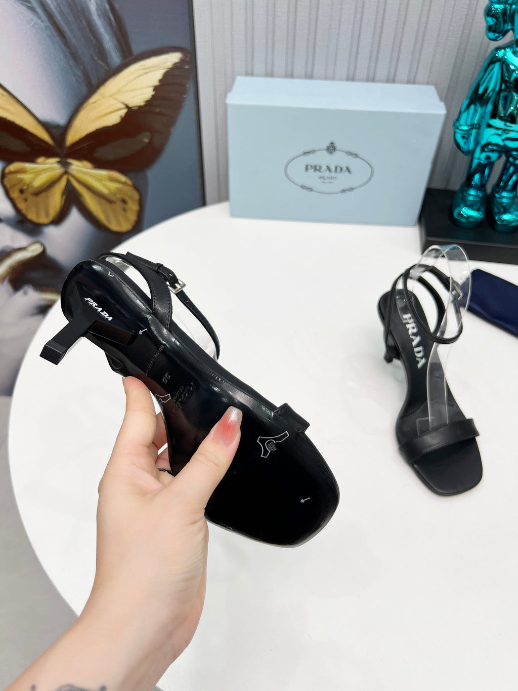 PRADA 26S ANKLE STRAP SANDALS STILETTO HEEL 80MM IN BLACK CALFSKIN