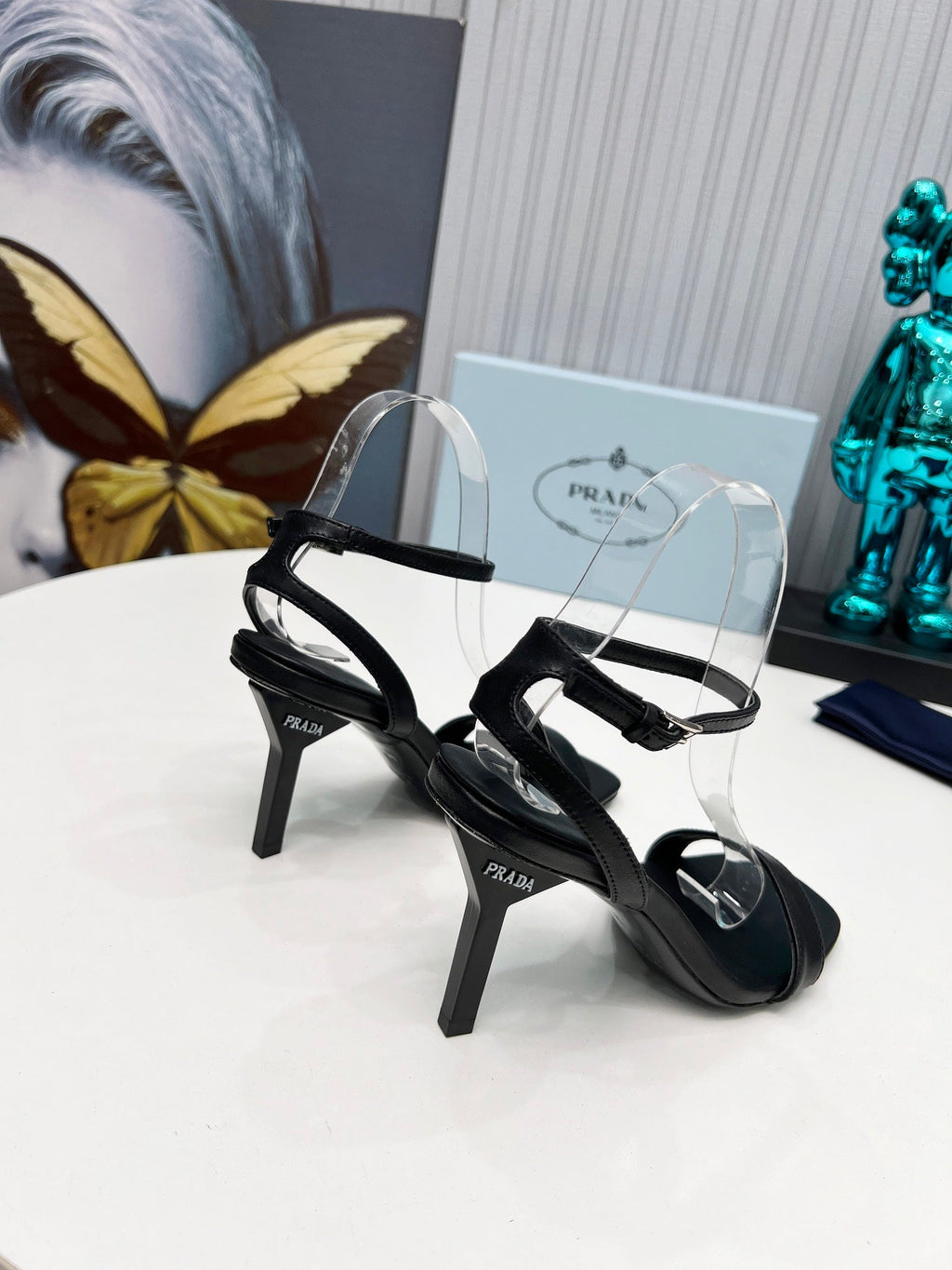PRADA 26S ANKLE STRAP SANDALS STILETTO HEEL 80MM IN BLACK CALFSKIN