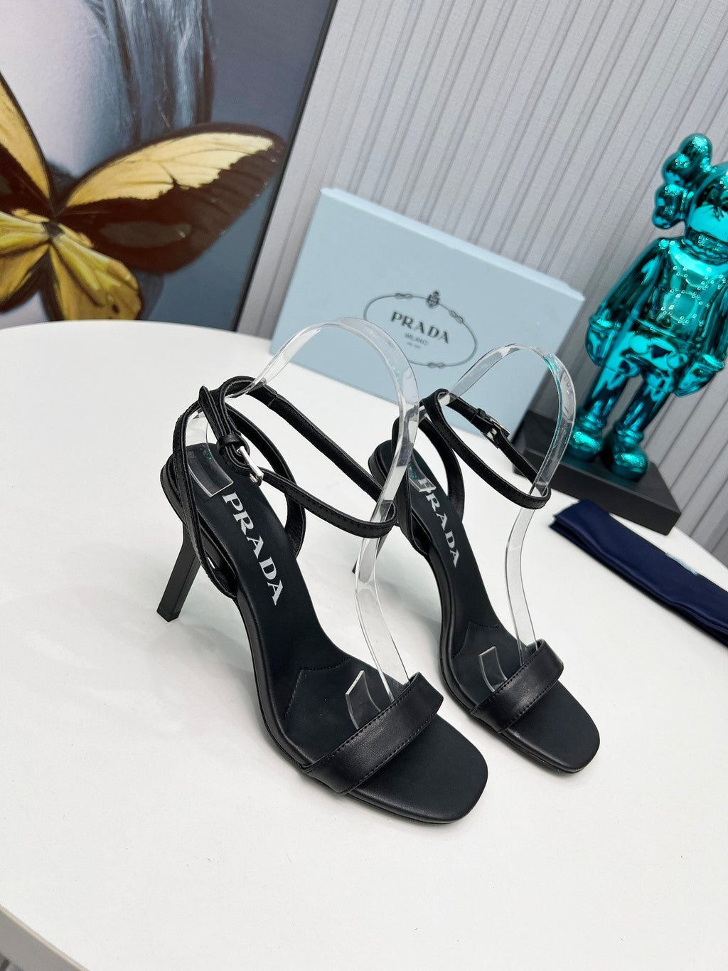 PRADA 26S ANKLE STRAP SANDALS STILETTO HEEL 80MM IN BLACK CALFSKIN