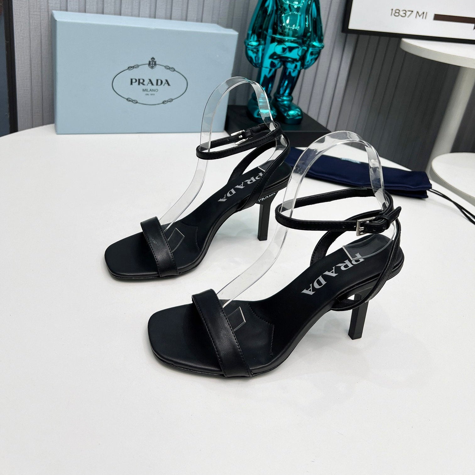 PRADA 26S ANKLE STRAP SANDALS STILETTO HEEL 80MM IN BLACK CALFSKIN