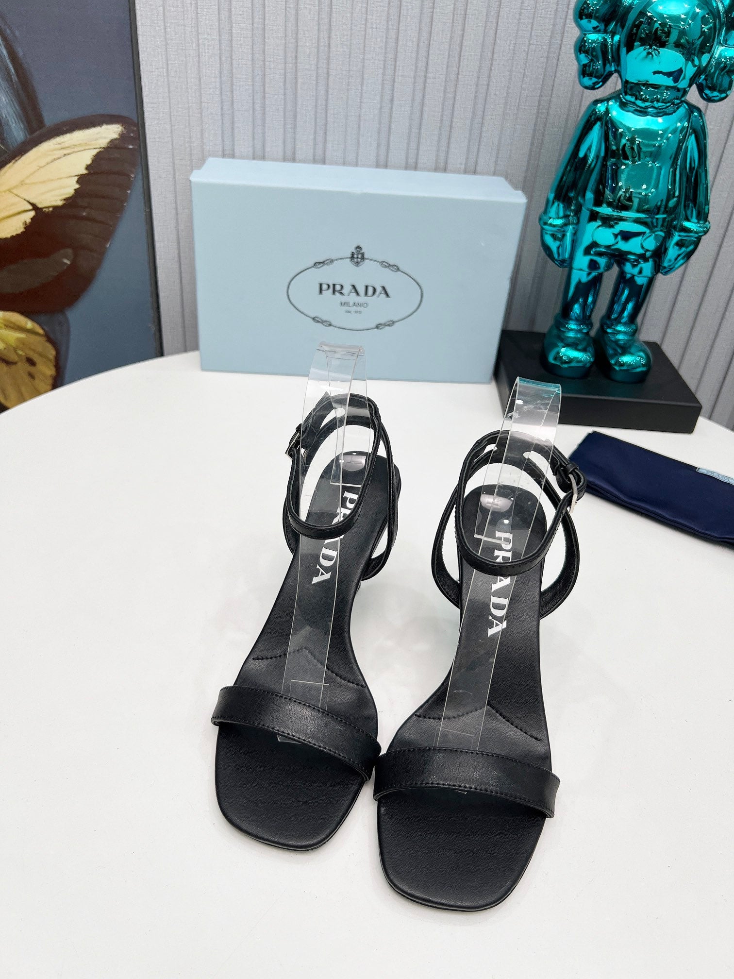PRADA 26S ANKLE STRAP SANDALS STILETTO HEEL 80MM IN BLACK CALFSKIN