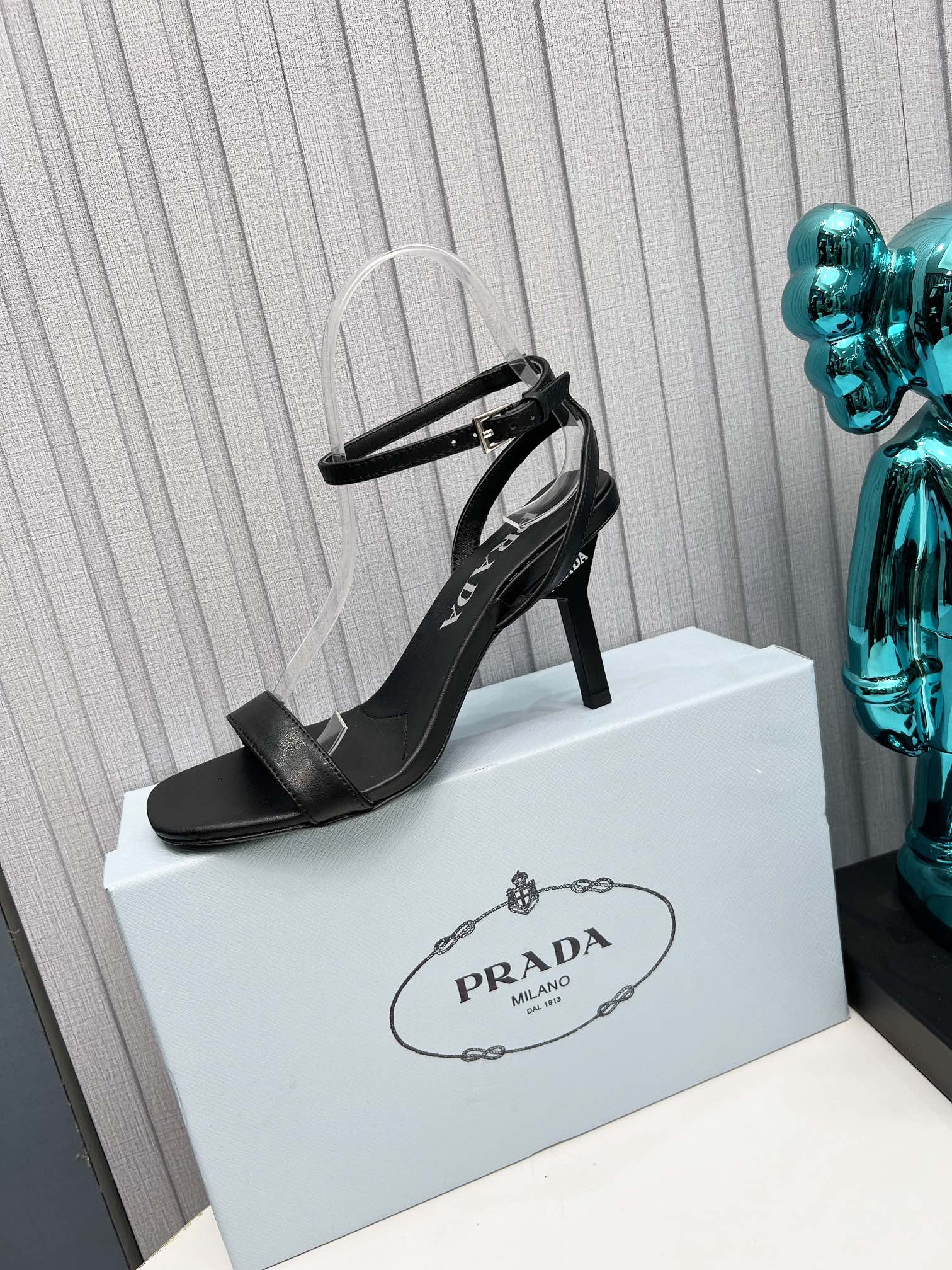 PRADA 26S ANKLE STRAP SANDALS STILETTO HEEL 80MM IN BLACK CALFSKIN