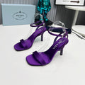 PRADA 26S ANKLE STRAP SANDALS STILETTO HEEL 80MM IN DEEP PURPLE SATIN