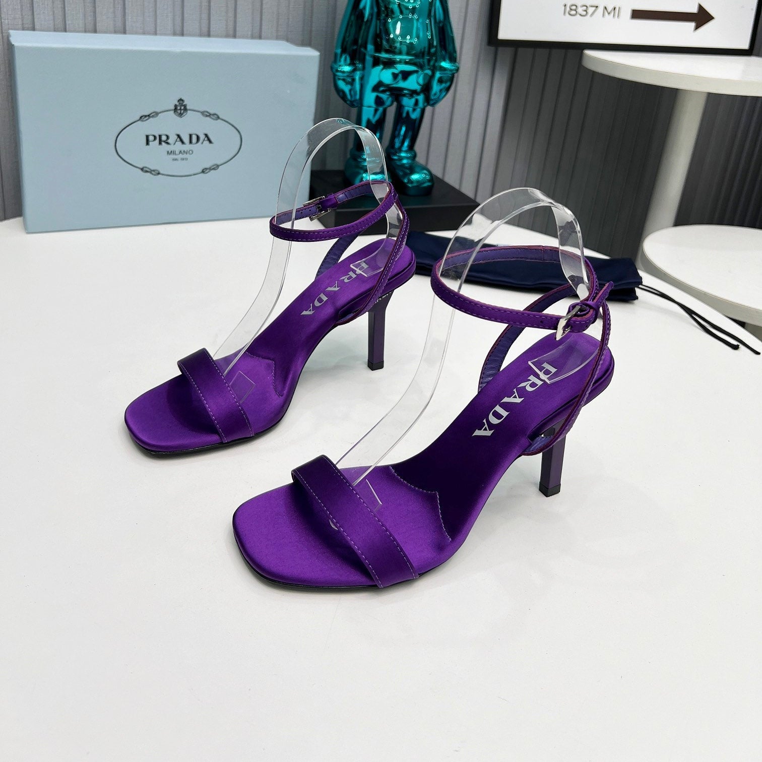 PRADA 26S ANKLE STRAP SANDALS STILETTO HEEL 80MM IN DEEP PURPLE SATIN
