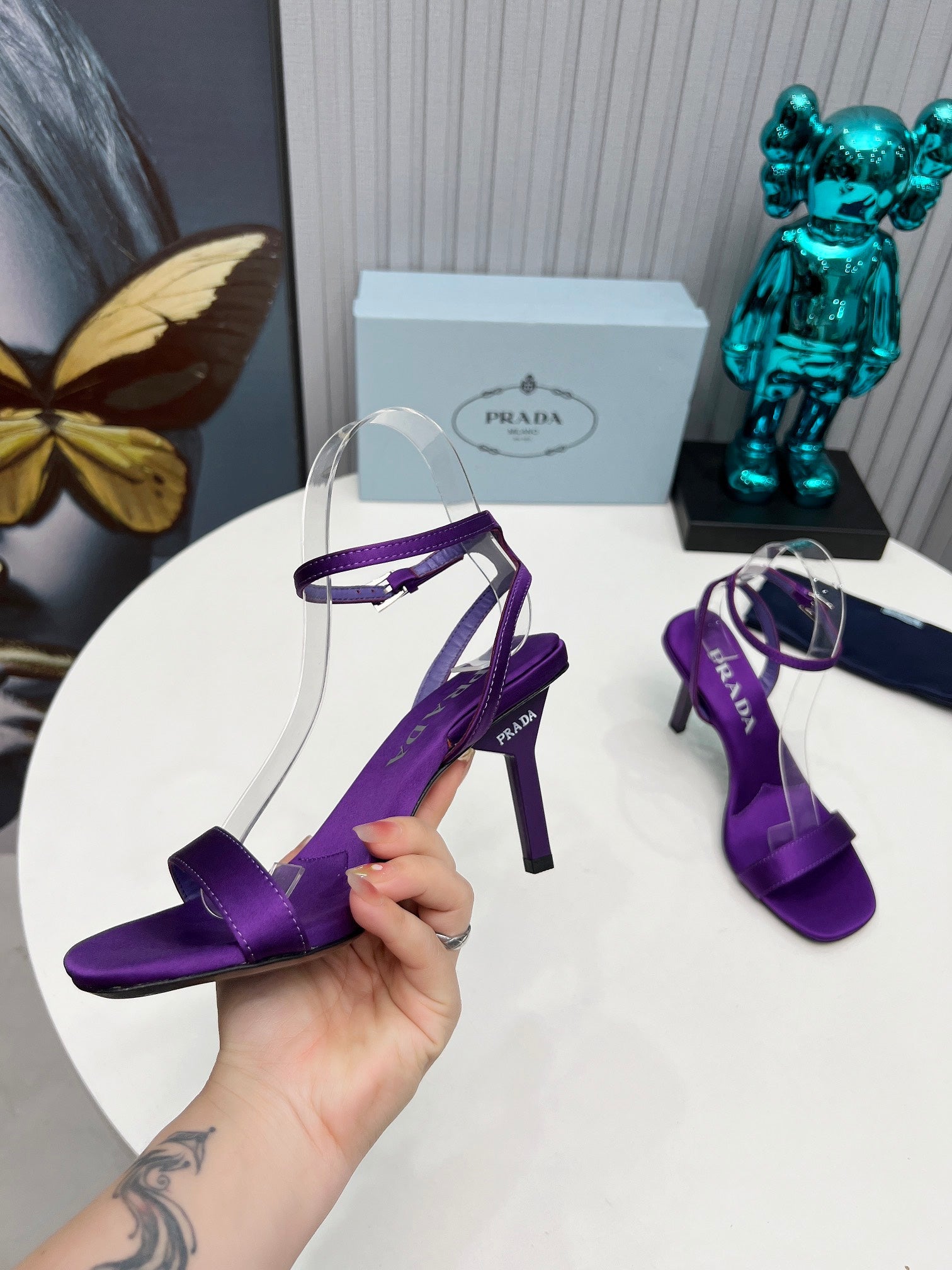 PRADA 26S ANKLE STRAP SANDALS STILETTO HEEL 80MM IN DEEP PURPLE SATIN