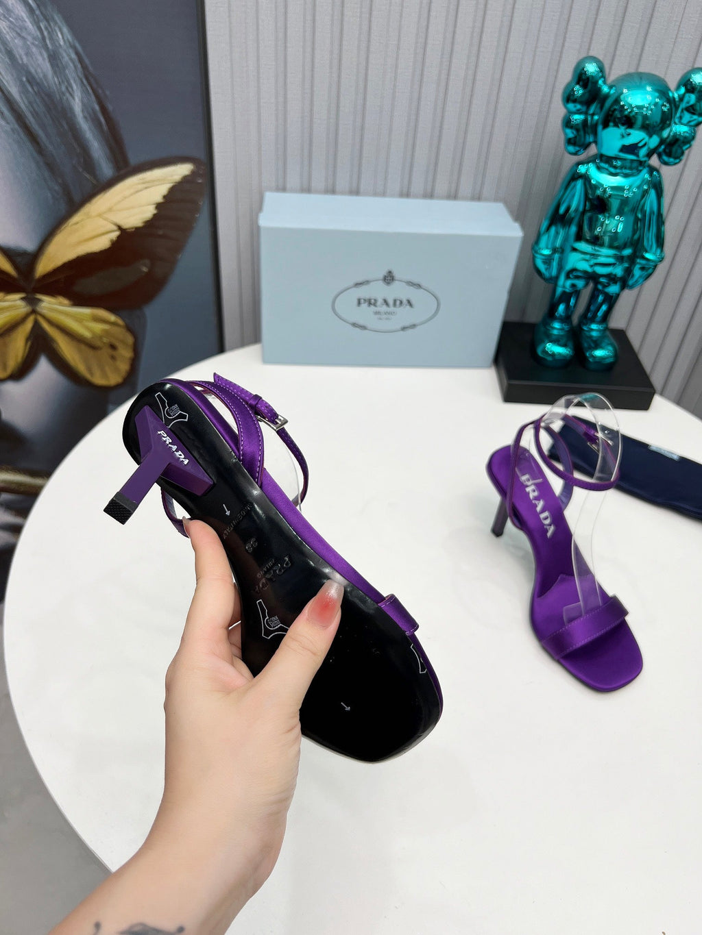PRADA 26S ANKLE STRAP SANDALS STILETTO HEEL 80MM IN DEEP PURPLE SATIN