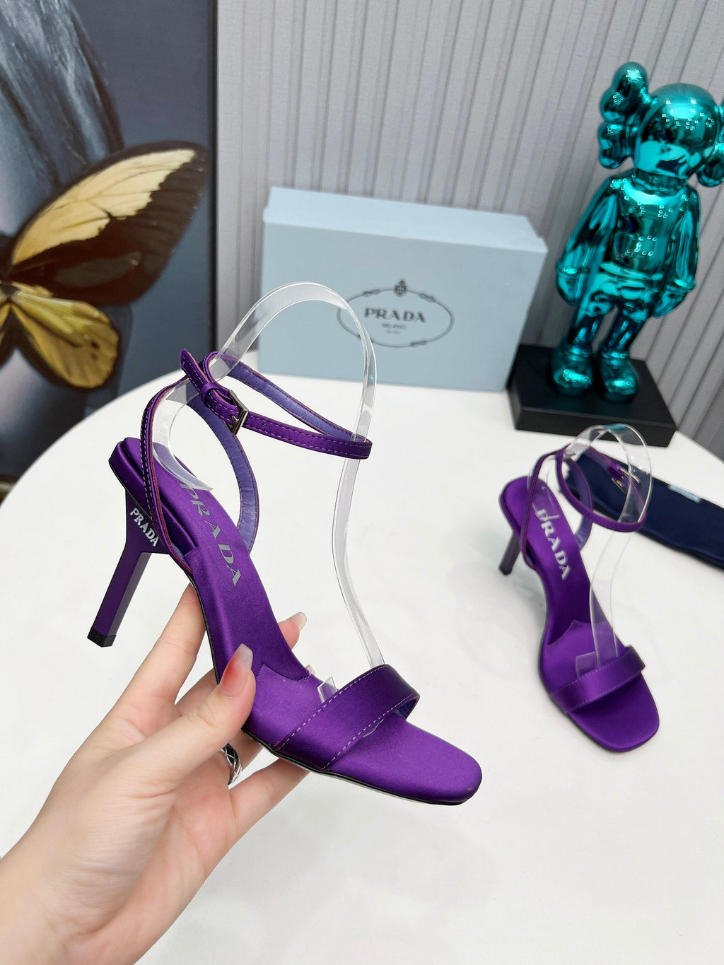 PRADA 26S ANKLE STRAP SANDALS STILETTO HEEL 80MM IN DEEP PURPLE SATIN