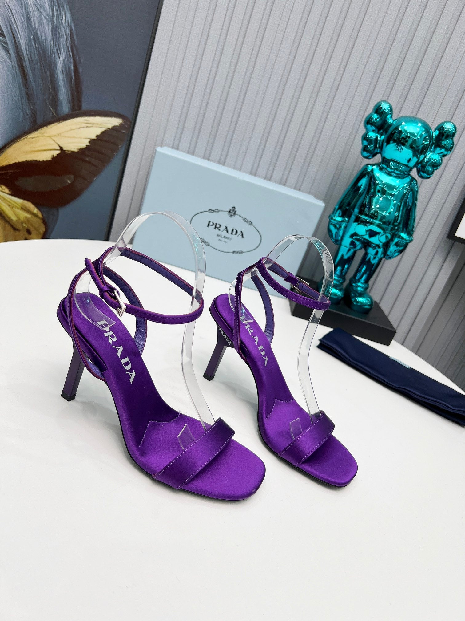 PRADA 26S ANKLE STRAP SANDALS STILETTO HEEL 80MM IN DEEP PURPLE SATIN