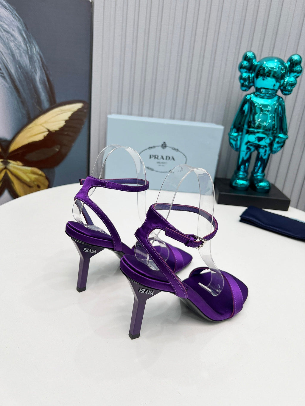 PRADA 26S ANKLE STRAP SANDALS STILETTO HEEL 80MM IN DEEP PURPLE SATIN