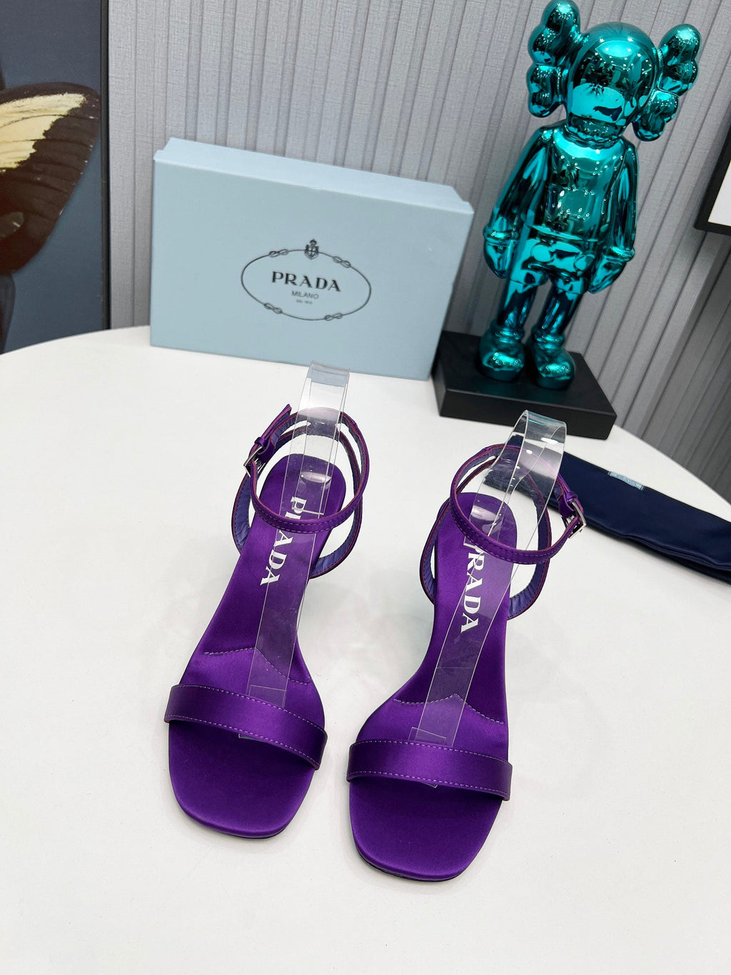 PRADA 26S ANKLE STRAP SANDALS STILETTO HEEL 80MM IN DEEP PURPLE SATIN