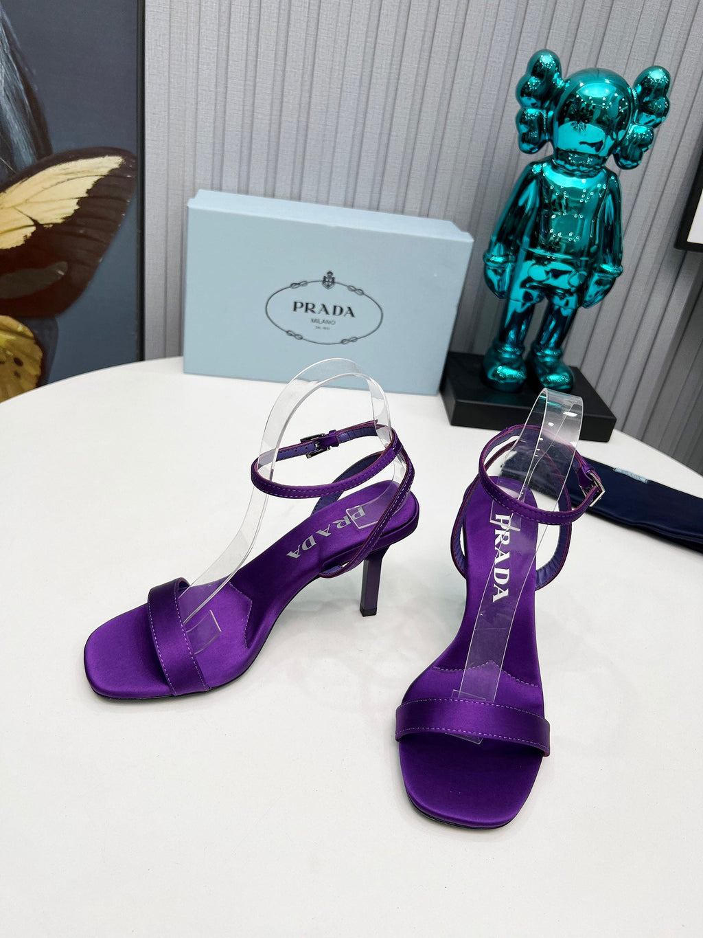 PRADA 26S ANKLE STRAP SANDALS STILETTO HEEL 80MM IN DEEP PURPLE SATIN